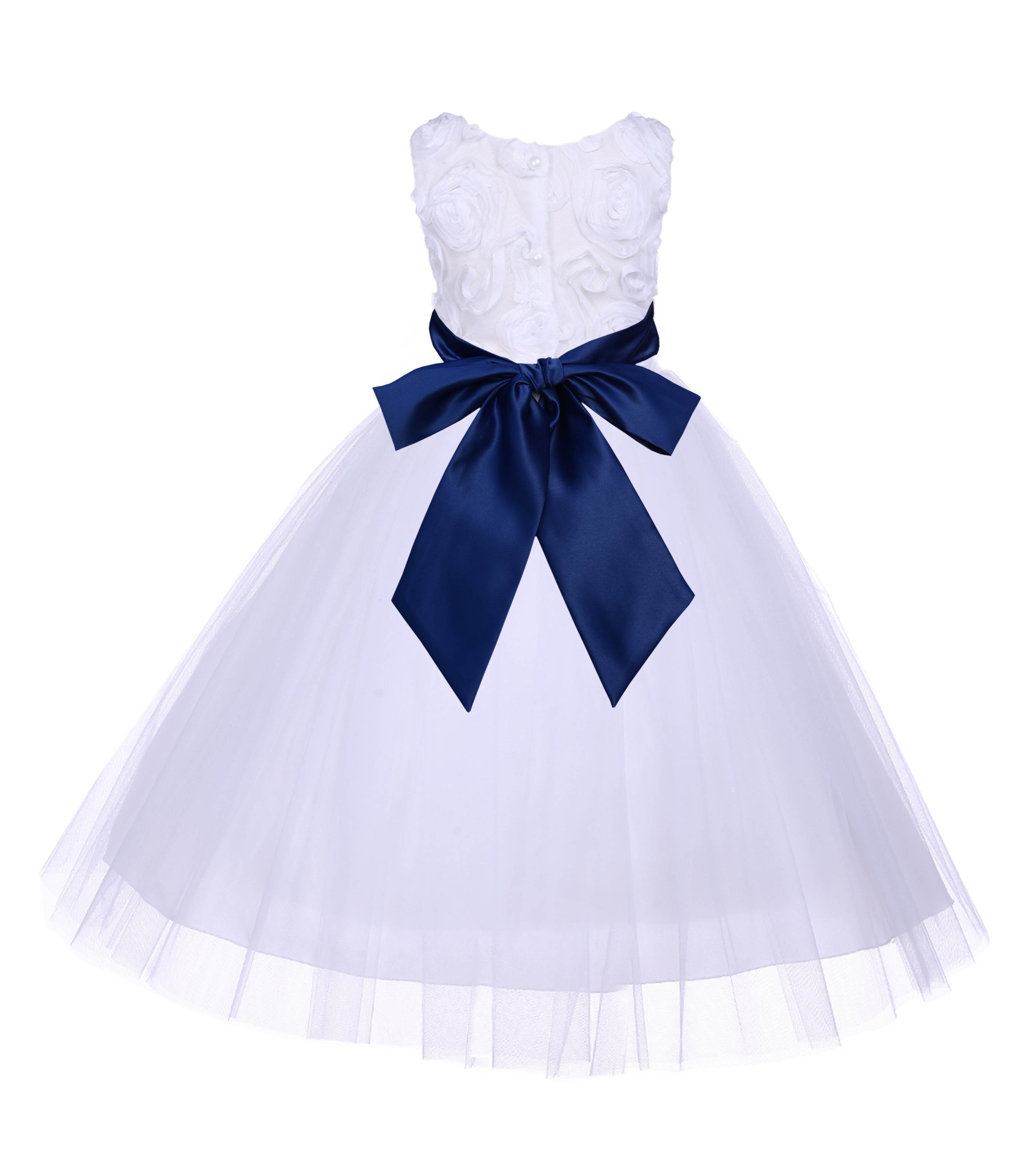 White Navy Tulle 3D Floral Rose Flower Girl Dress Wedding 152S