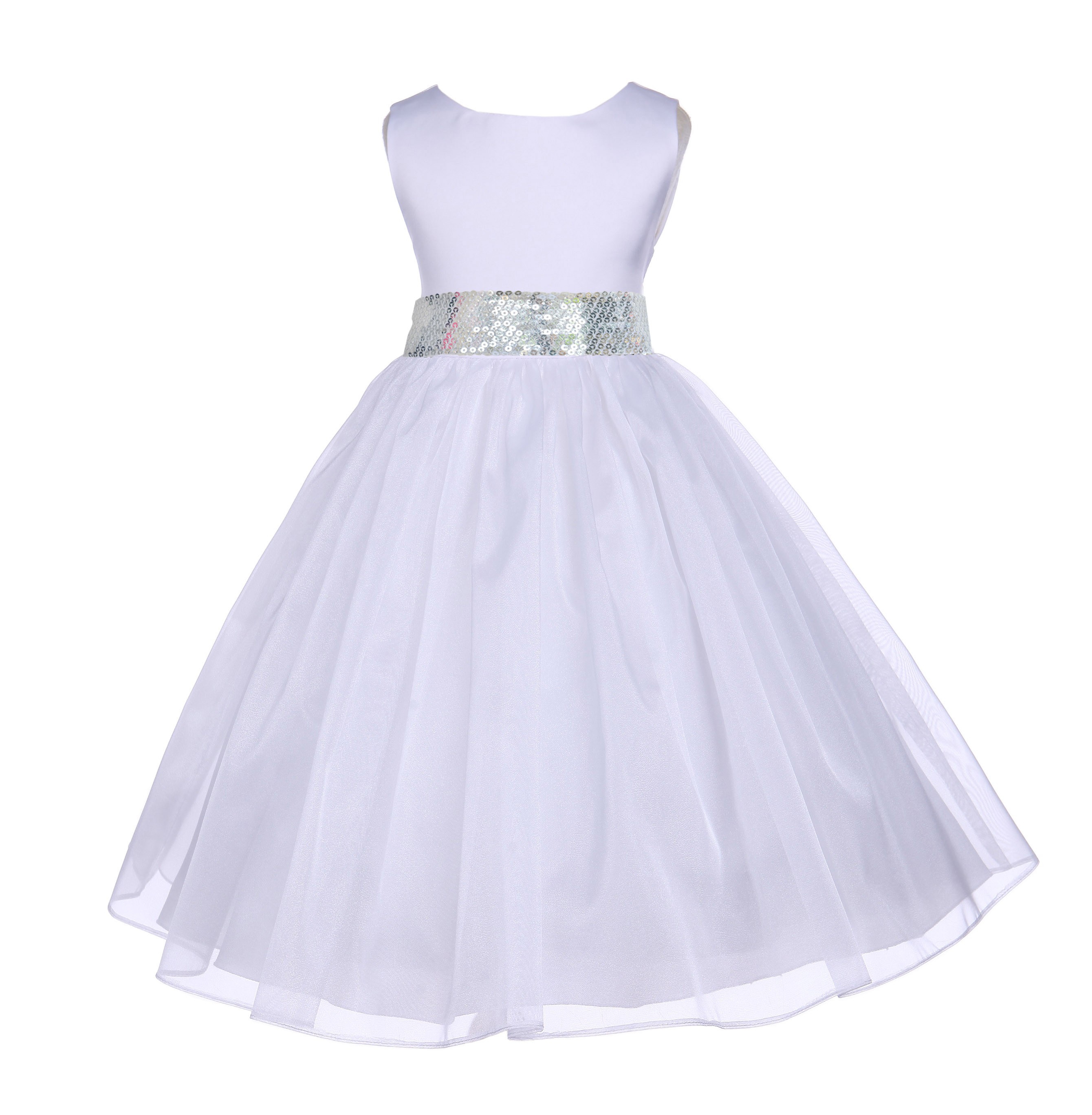 White Shimmering Organza Silver Sequin Sash Flower Girl Dress 841mh