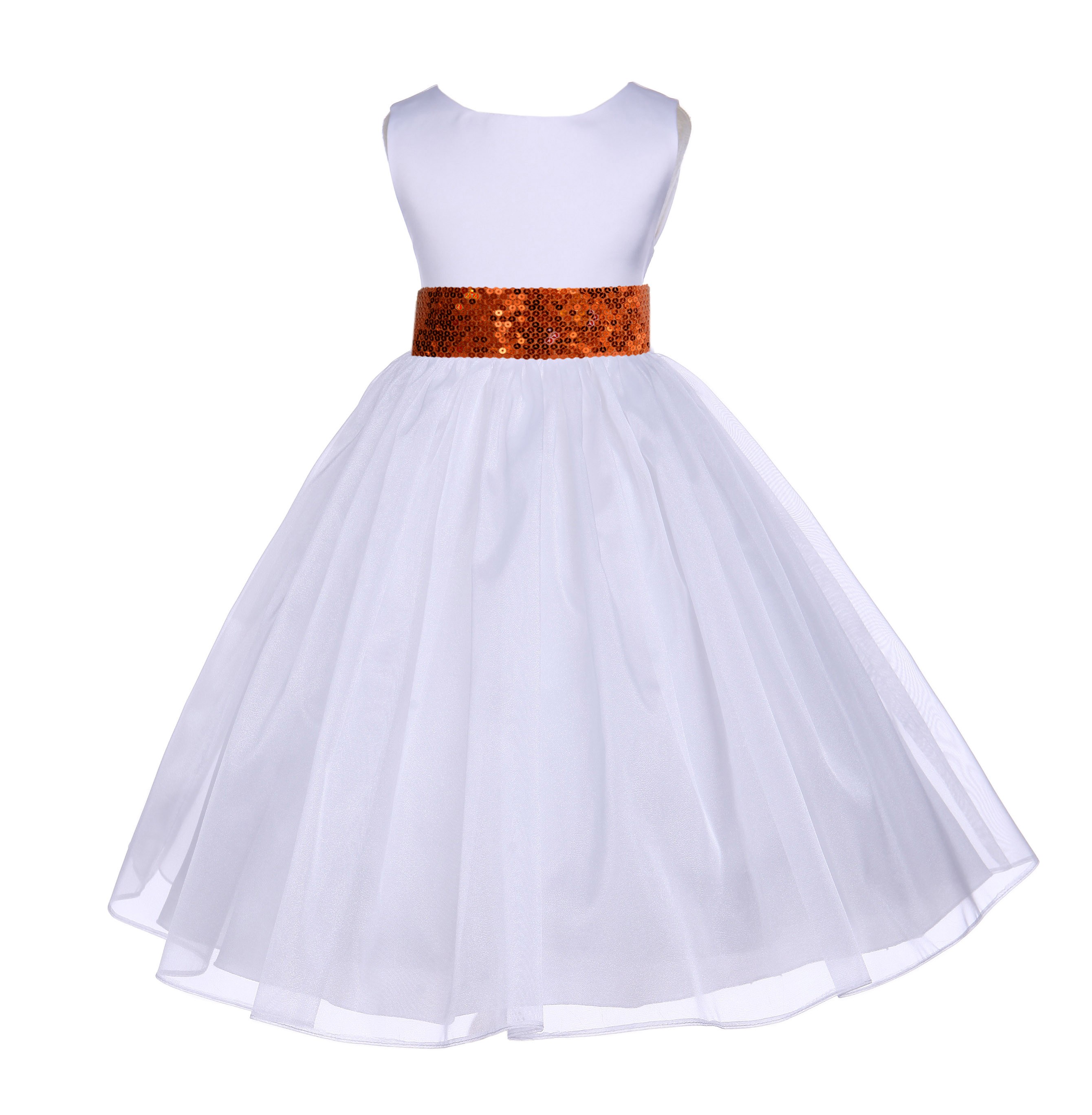 White Shimmering Organza Orange Sequin Sash Flower Girl Dress 841mh