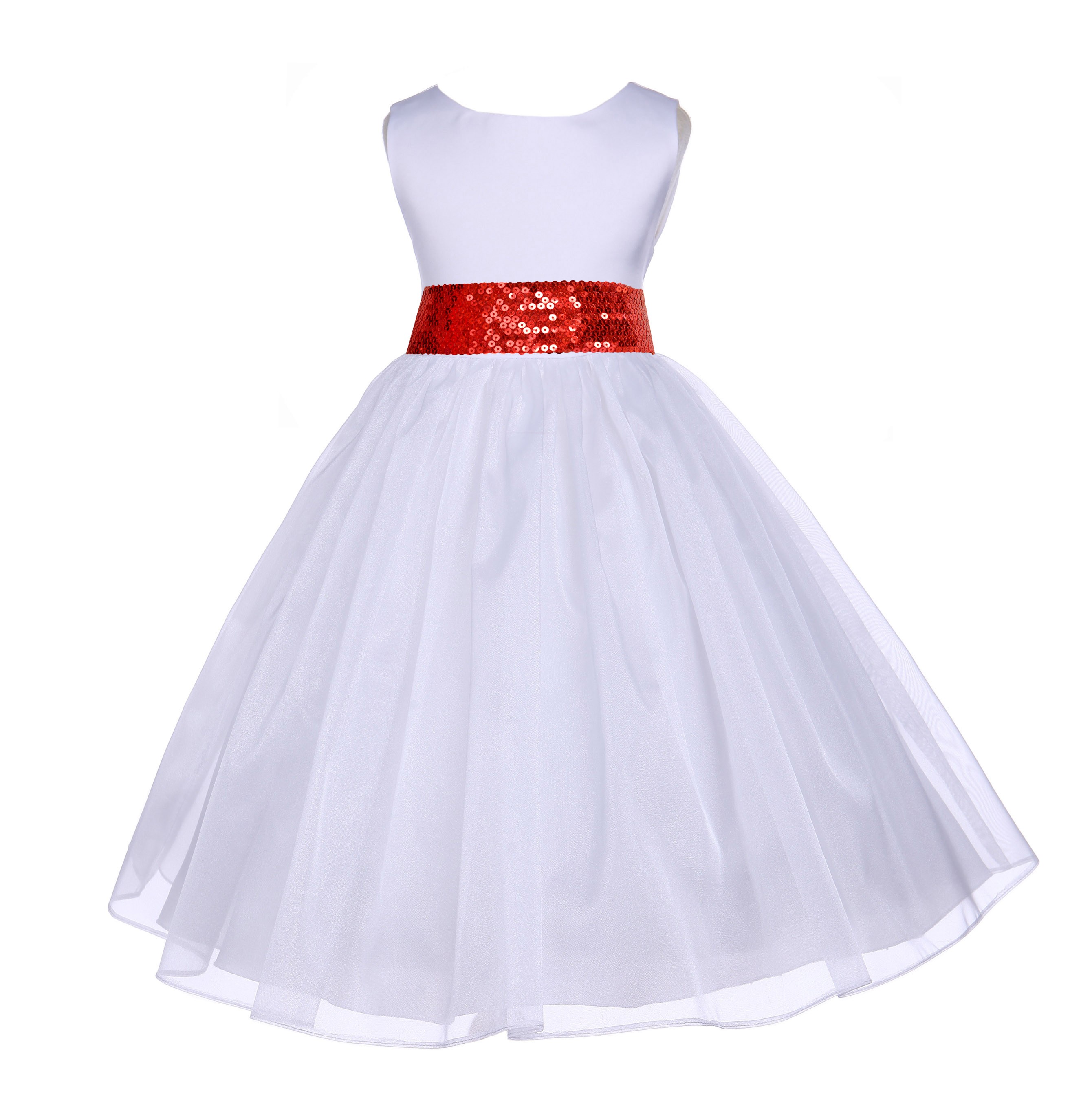 White Shimmering Organza Red Sequin Sash Flower Girl Dress 841mh