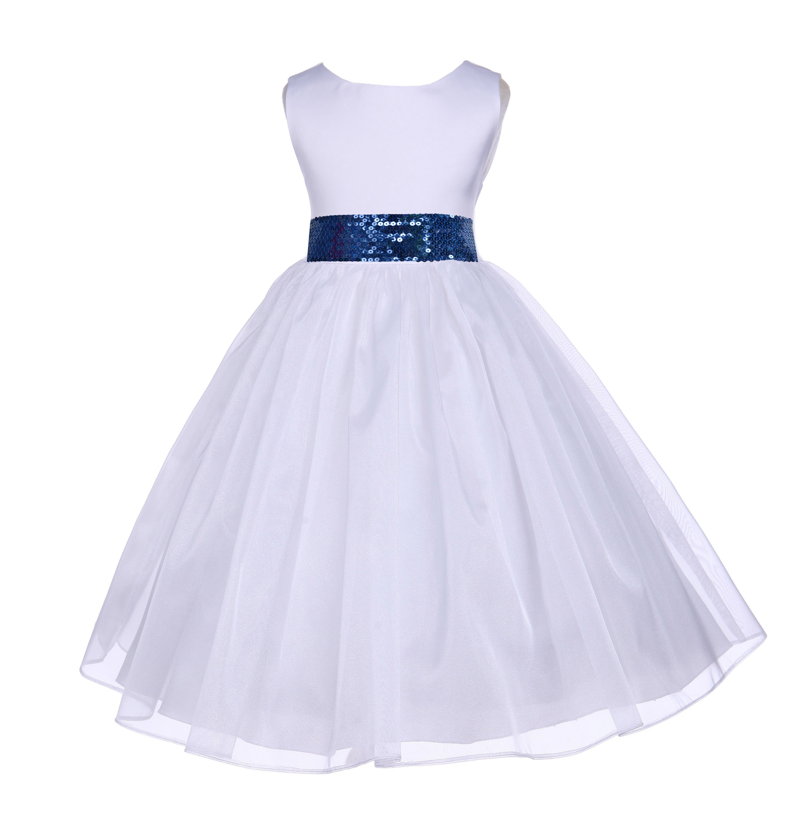 White Shimmering Organza Navy Sequin Sash Flower Girl Dress 841mh