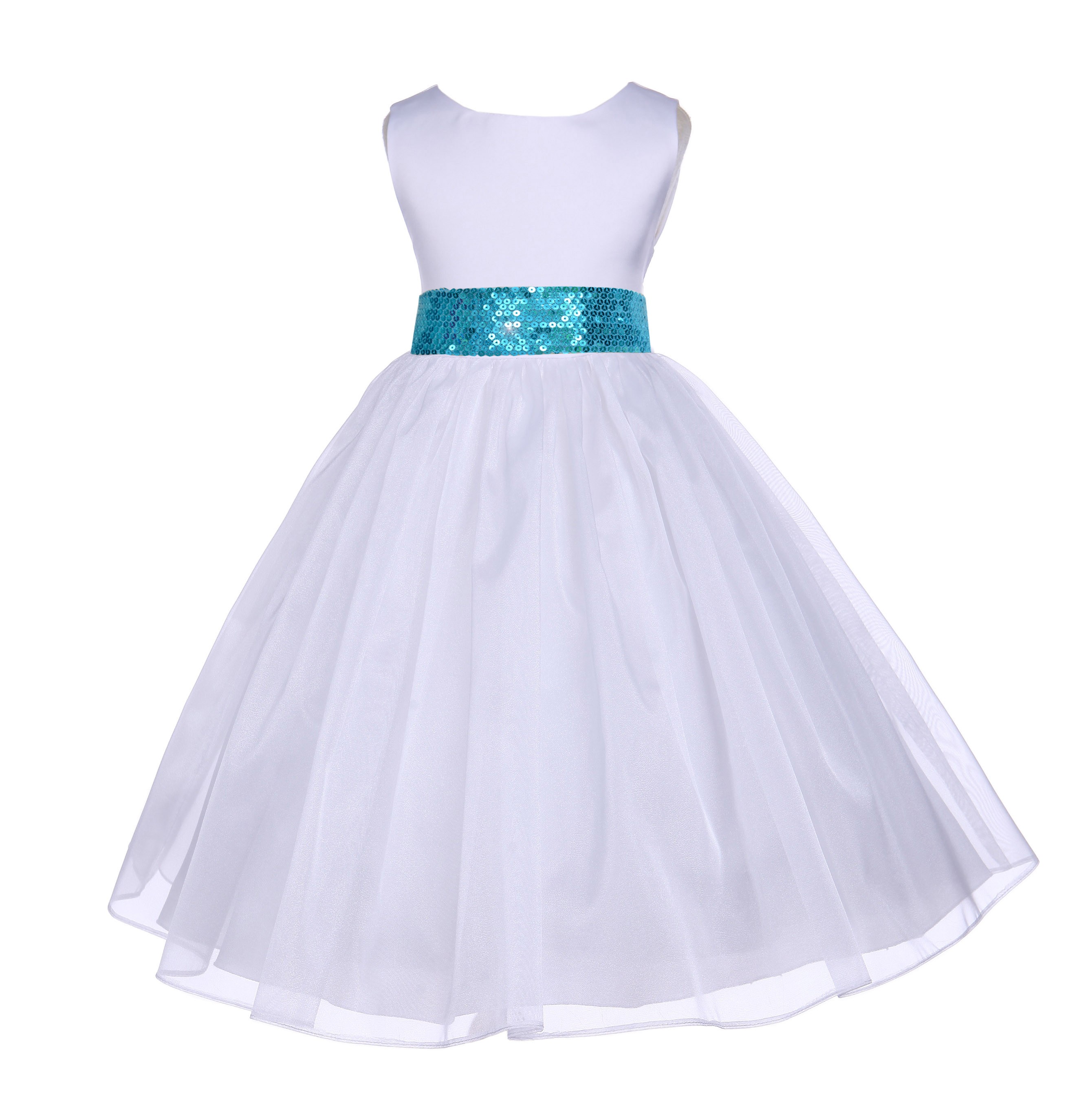 White Shimmering Organza Turquoise Sequin Sash Flower Girl Dress 841mh