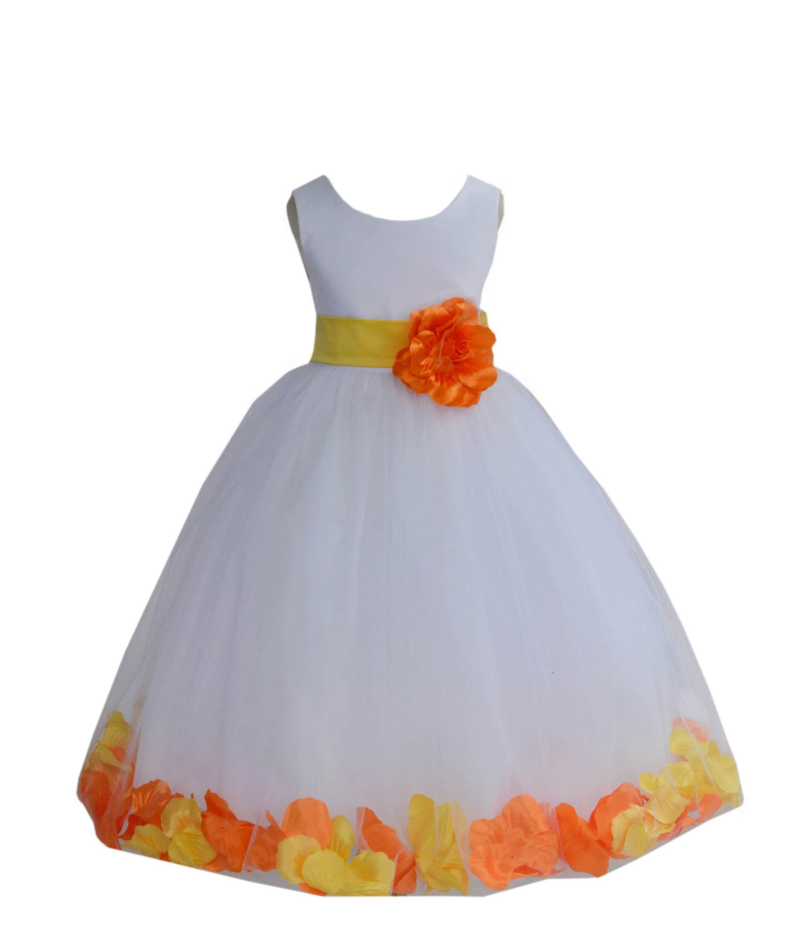 White/Sunbeam-Orange Tulle Mixed Rose Petals Flower Girl Dress 302T