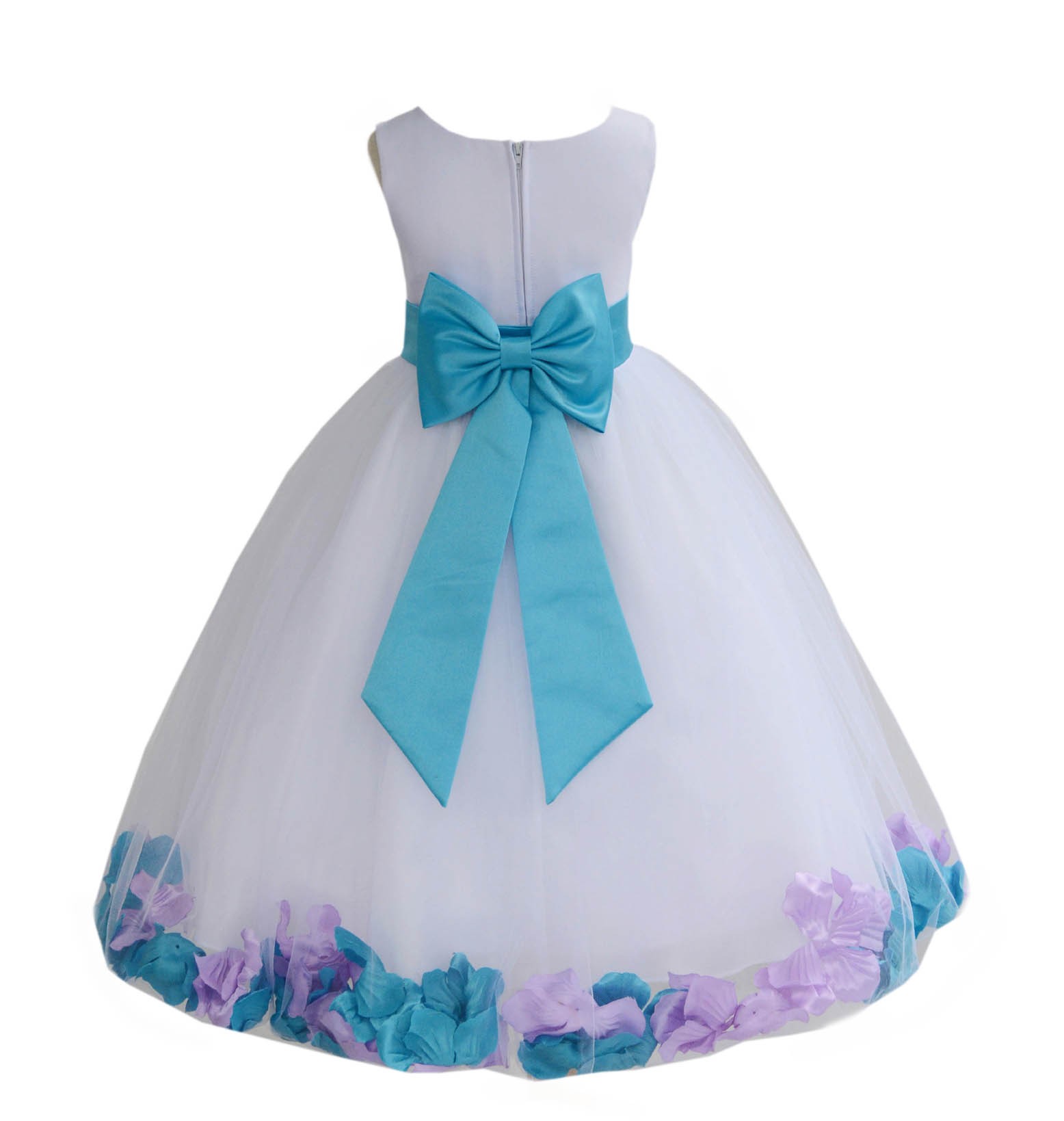White/Turquoise-Lilac Tulle Mixed Rose Petals Flower Girl Dress 302T