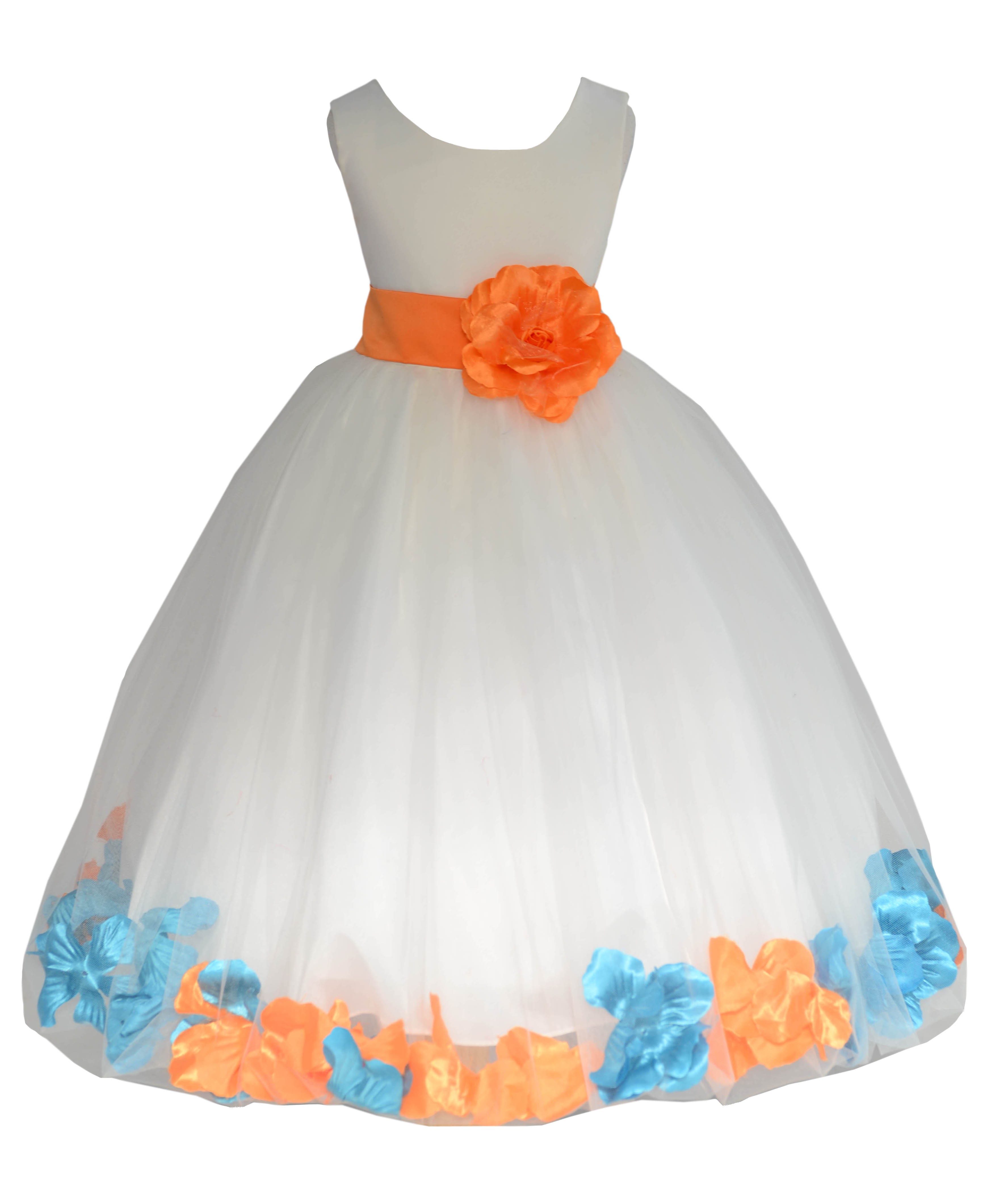 Ivory/Orange-Turquoise Tulle Mixed Rose Petals Flower Girl Dress 302T