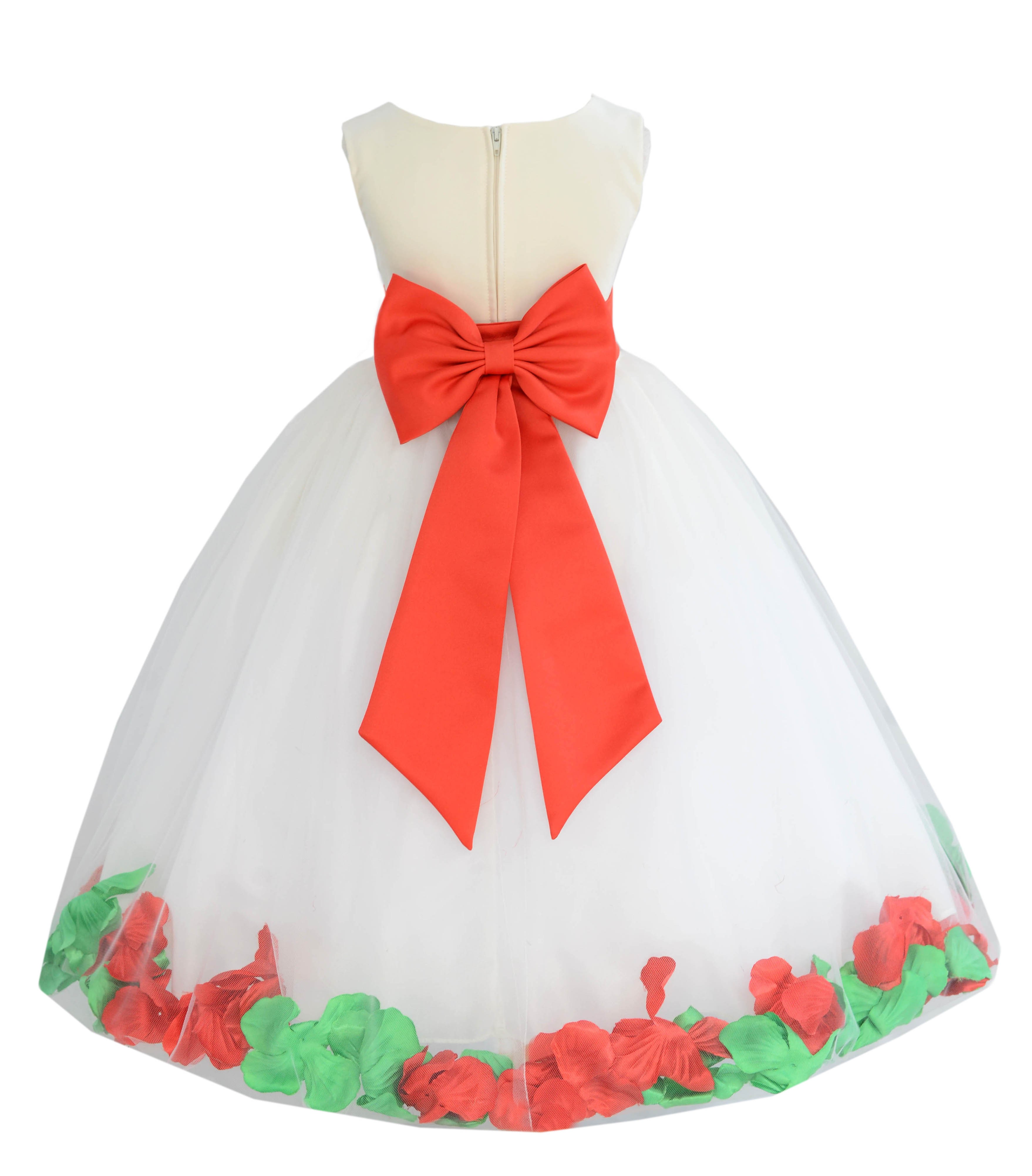 Ivory/Persimmon-Lime Tulle Mixed Rose Petals Flower Girl Dress 302T