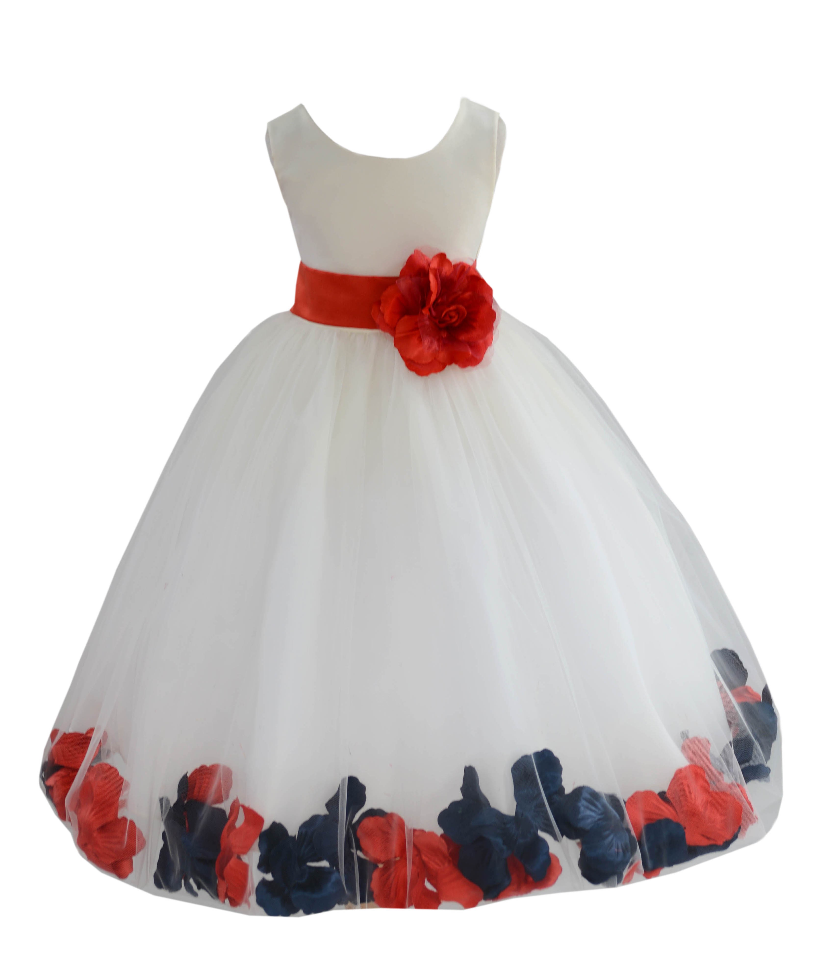 Ivory/Persimmon-Peacock Tulle Mixed Rose Petals Flower Girl Dress 302T