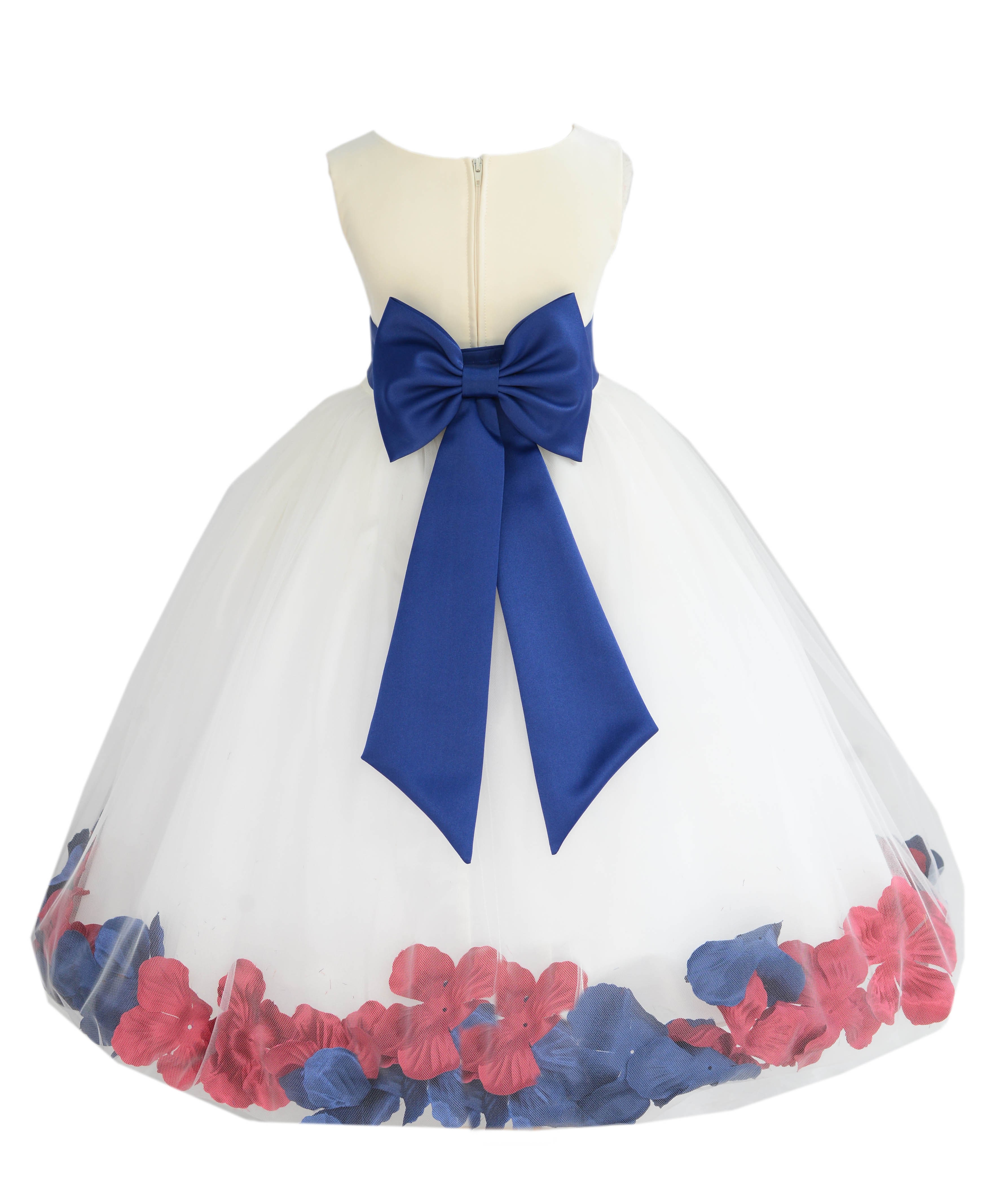 Ivory/Royal Blue-Watermelon Tulle Mixed Rose Petals Flower Girl Dress 302T