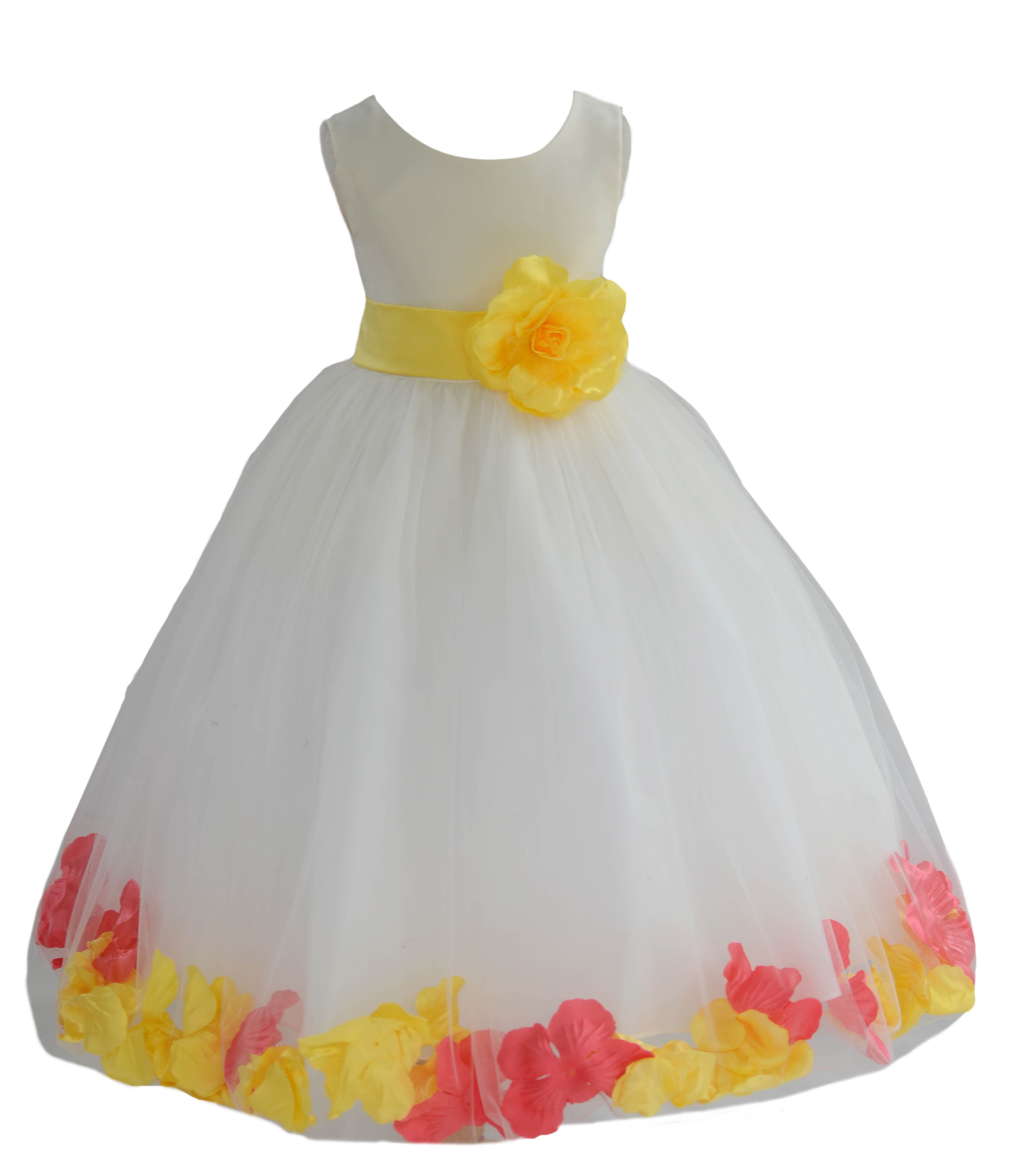 Ivory/Sunbeam-Coral Tulle Mixed Rose Petals Flower Girl Dress 302T