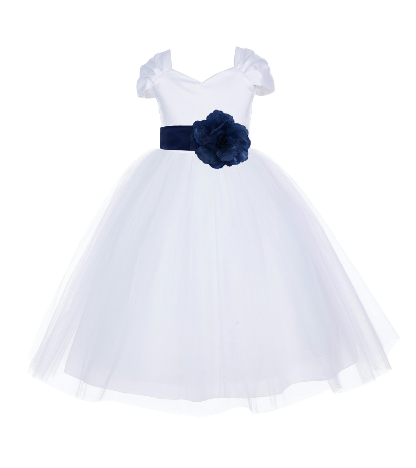 White/Navy V-shaped Neckline Short Sleeves Tulle Flower Girl Dress 154S