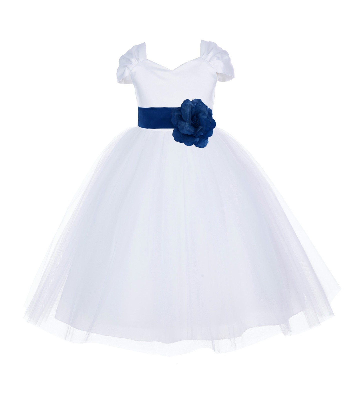 White/Royal Blue V-shaped Neckline Short Sleeves Tulle Flower Girl Dress 154S