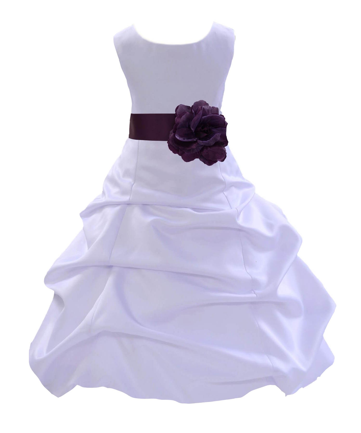 White/Plum Satin Pick-Up Bubble Flower Girl Dress Wedding 808T