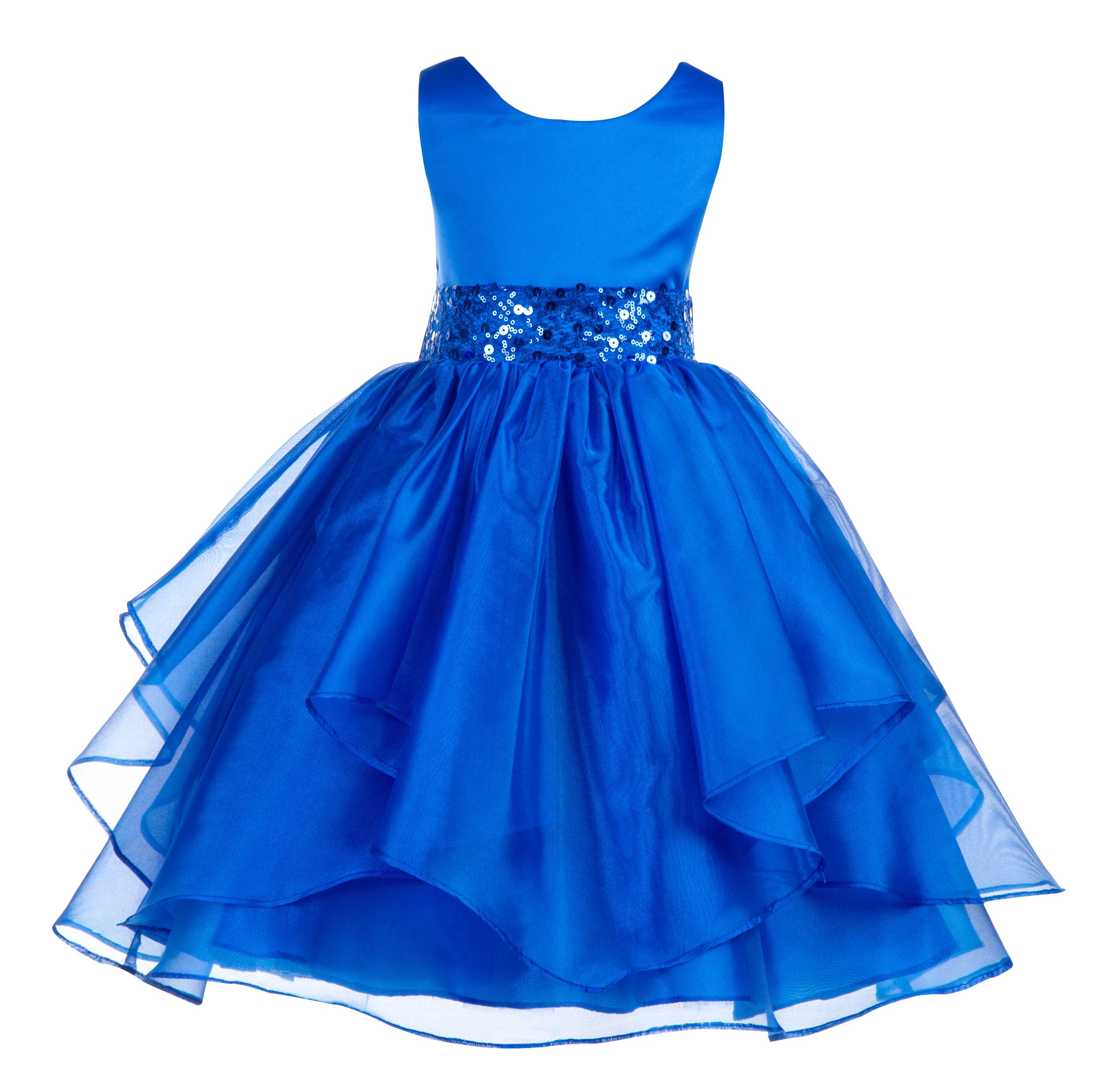 Royal Blue Asymmetric Ruffled Organza Sequin Flower Girl Dress 012S