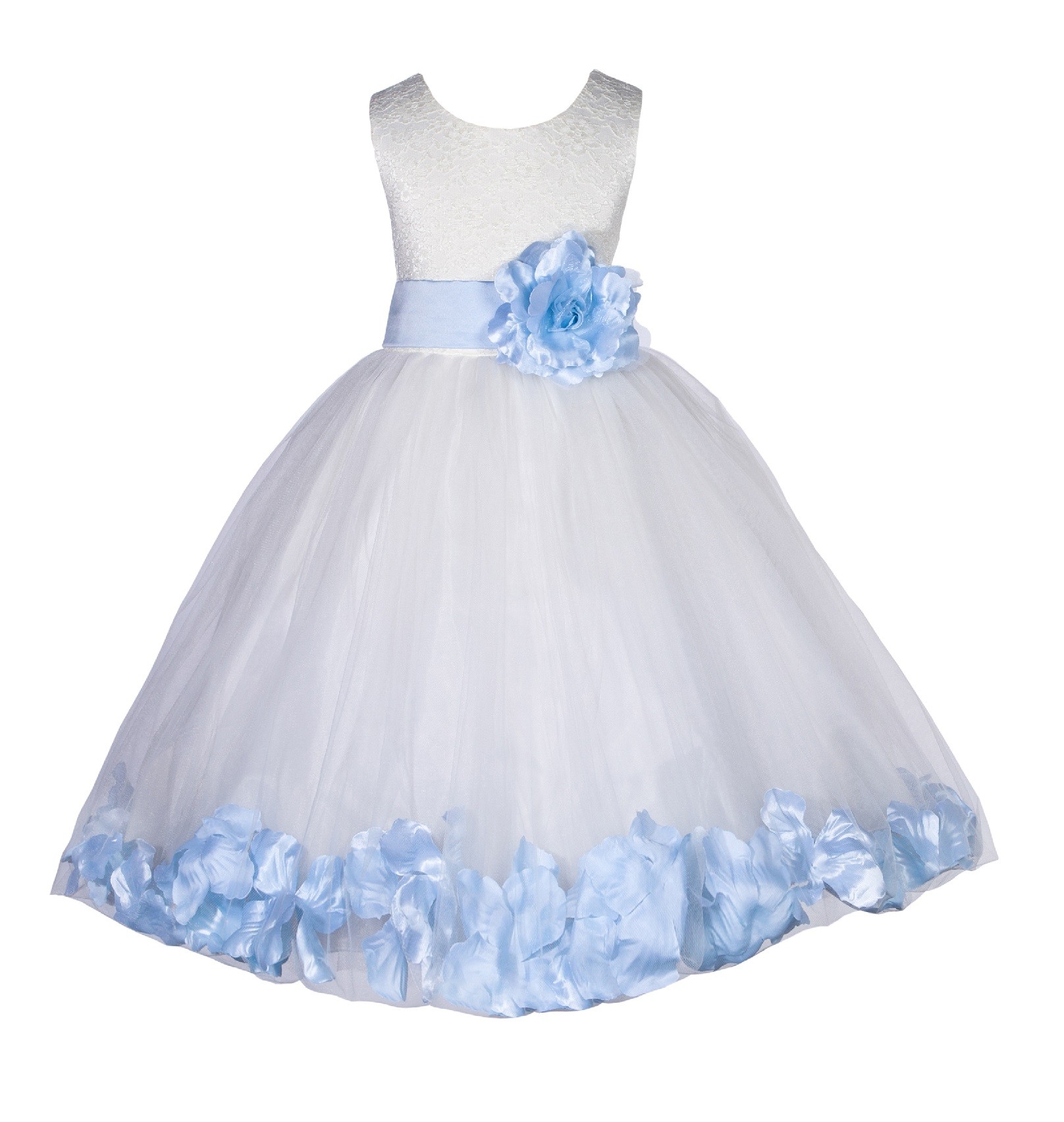 Ivory/Ice Blue Lace Top Floral Petals Ivory Flower Girl Dress 165T