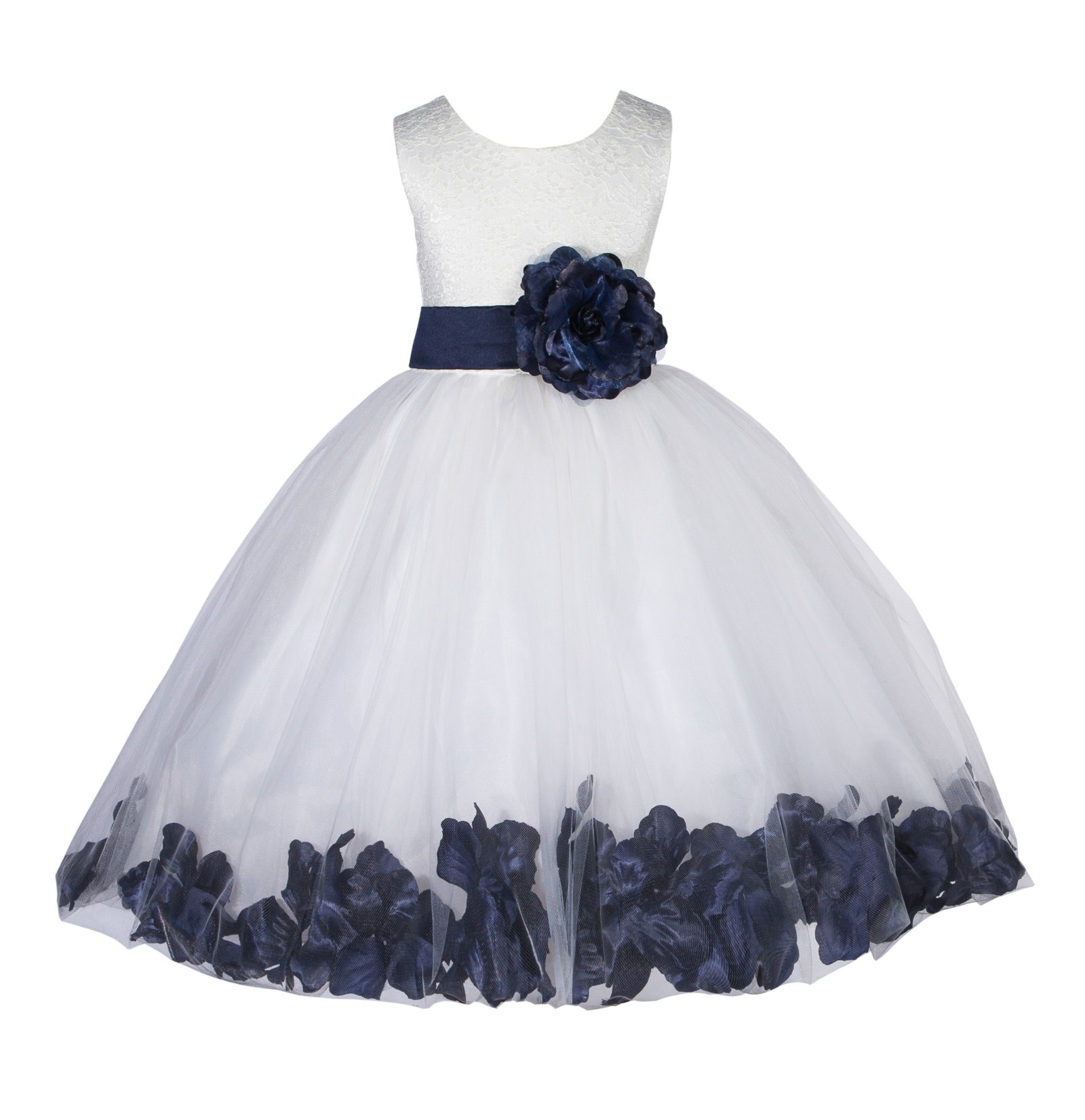 Ivory/Marine Lace Top Floral Petals Ivory Flower Girl Dress 165T