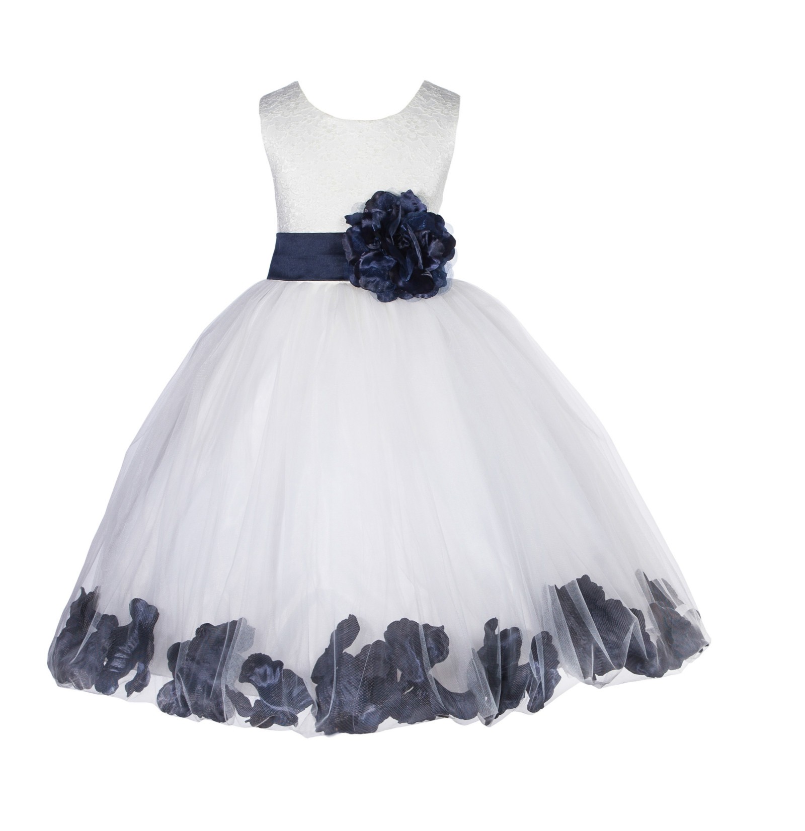 Ivory/Midnight Lace Top Floral Petals Ivory Flower Girl Dress 165T