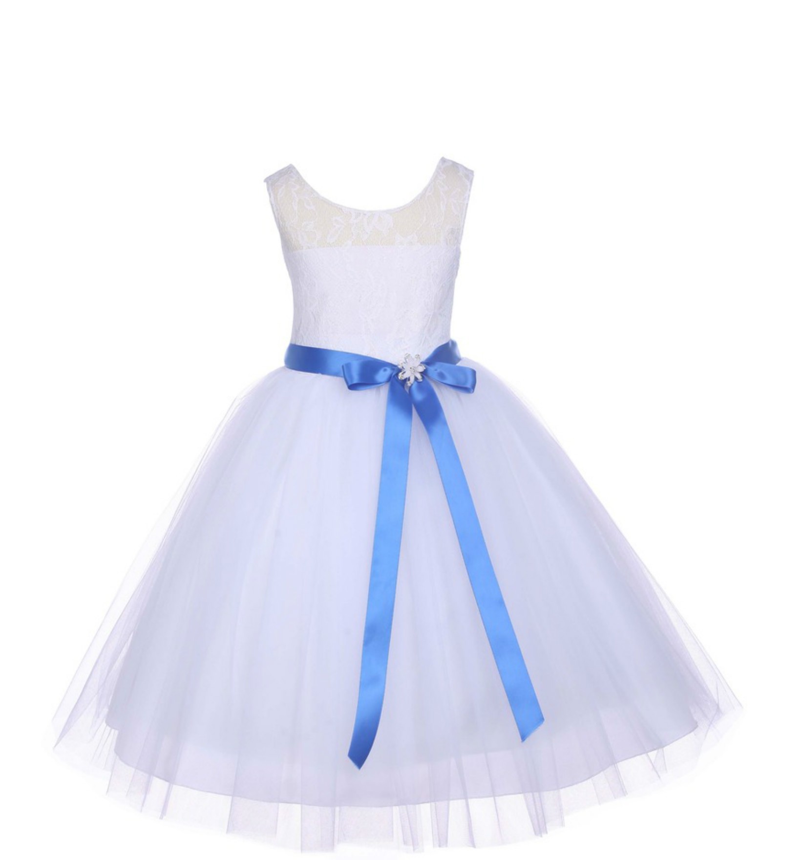 White Floral Lace Bodice Tulle Royal Blue Ribbon Flower Girl Dress 153R
