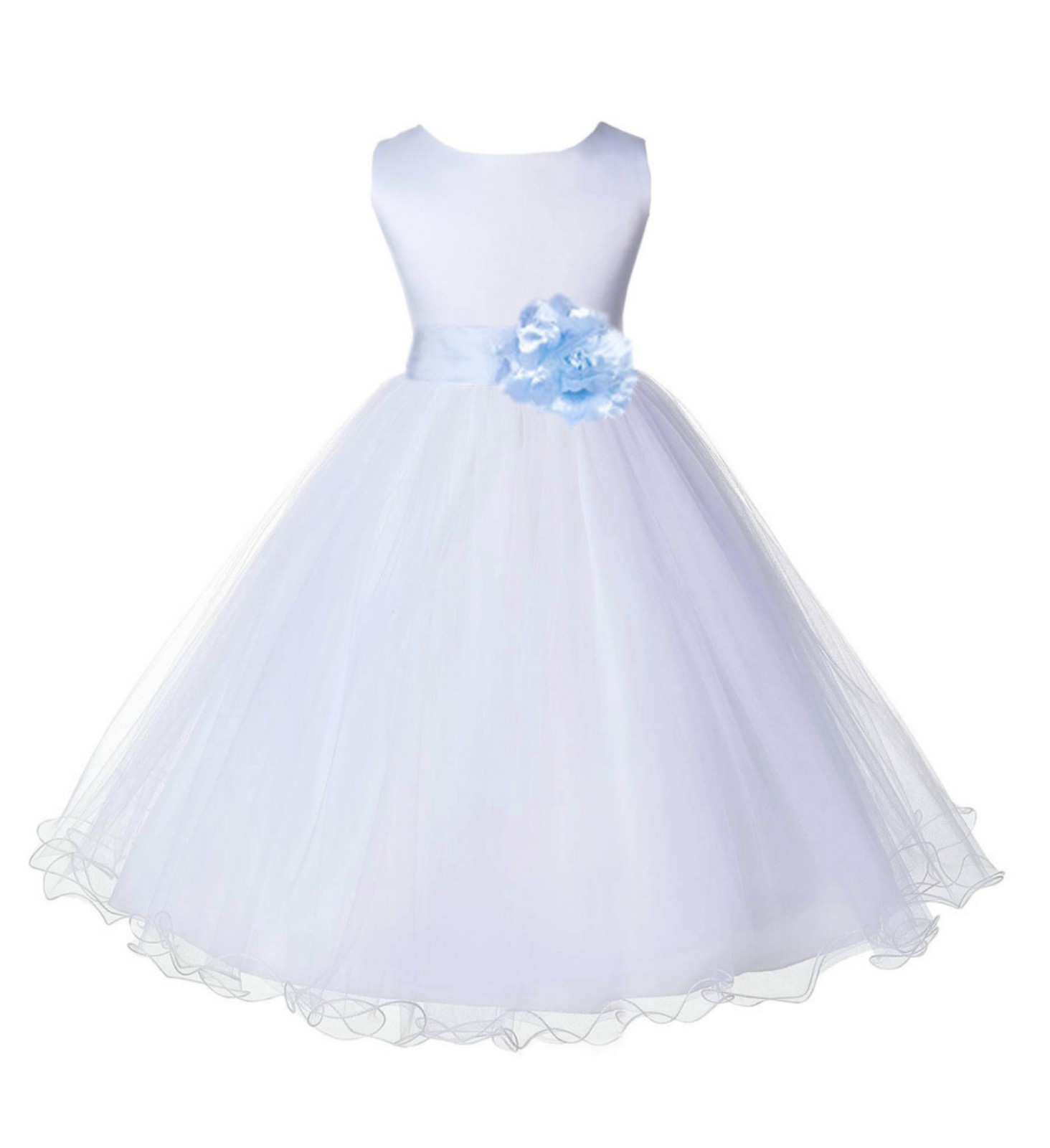 White/Ice Blue Tulle Rattail Edge Flower Girl Dress Wedding Bridal 829S