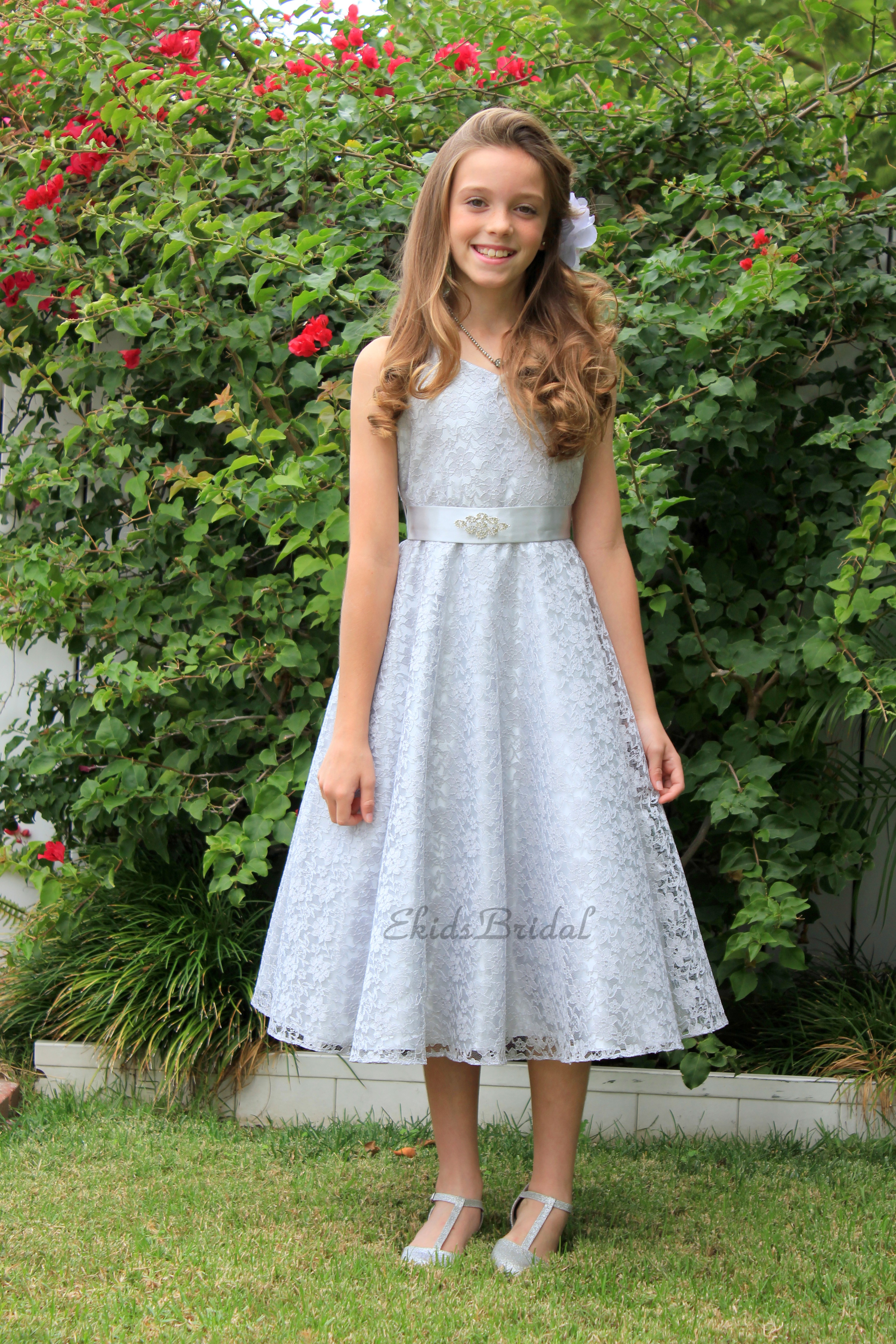 Silver Floral Lace Overlay V-Neck Rhinestone Flower Girl Dress 166S