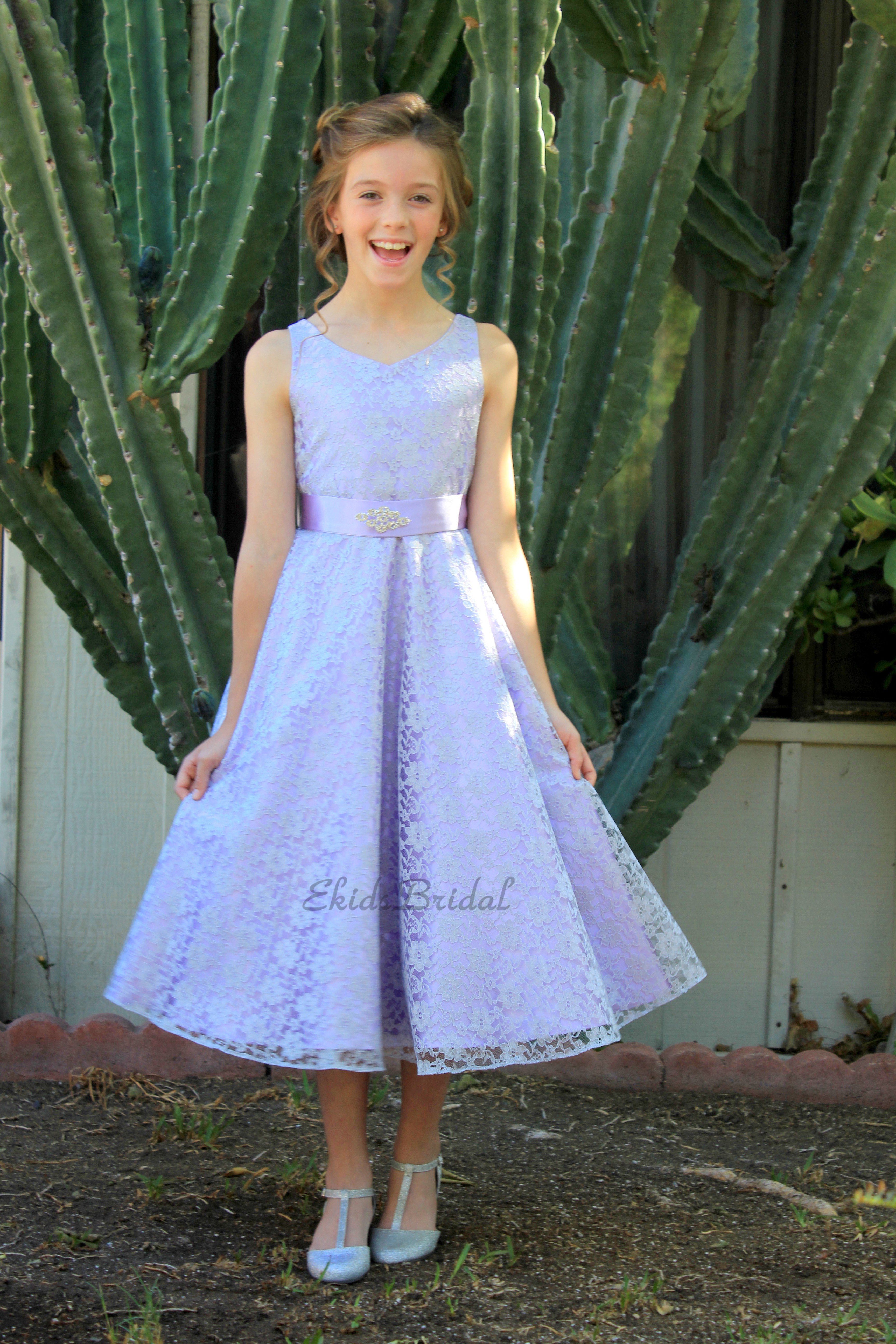 Silver/Lilac Floral Lace Overlay V-Neck Rhinestone Flower Girl Dress 166S