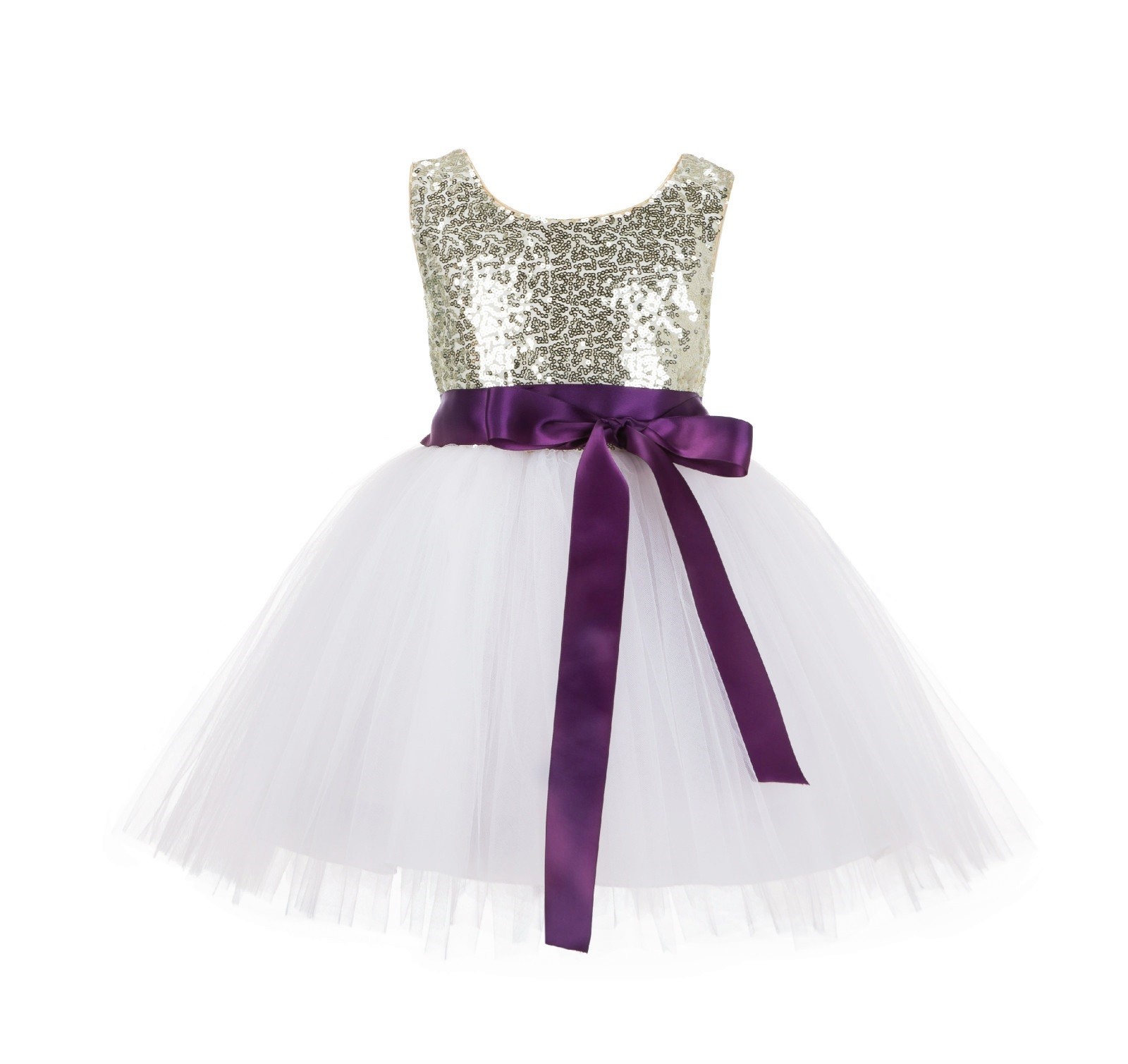 Gold/Ivory/Purple Glitter Sequin Tulle Flower Girl Dress Recital Ceremony 123S