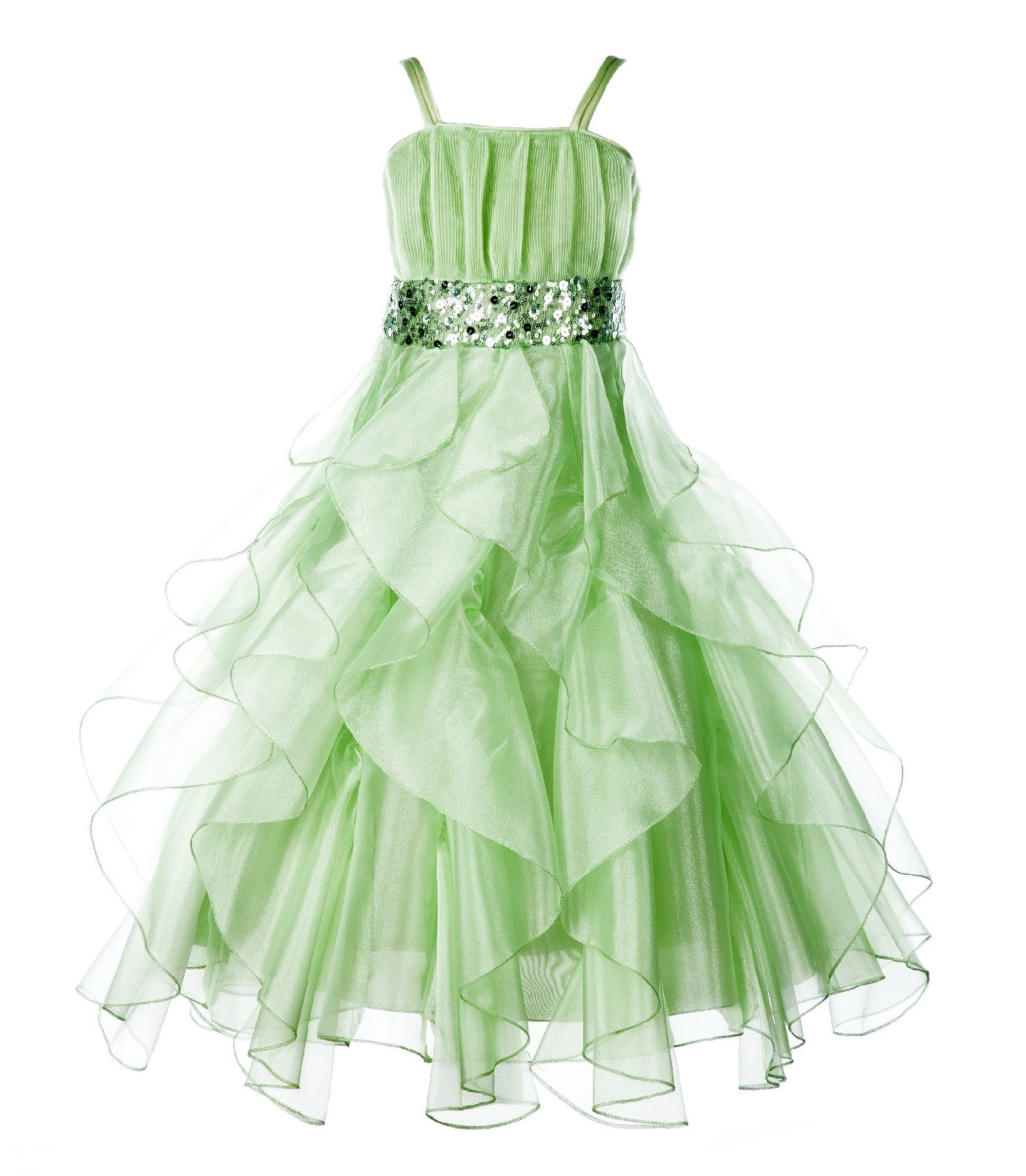 Apple Green Satin Organza Sequin Spaghetti-Straps Flower Girl Dress 009