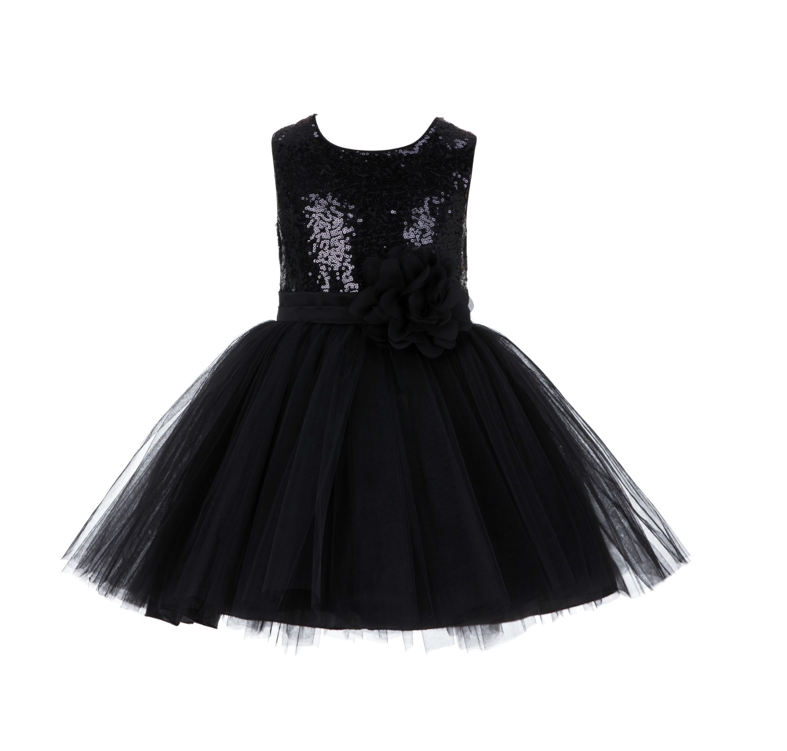 Black Dazzling Sequins Mesh Tulle Flower Girl Dress Elegant 124NF