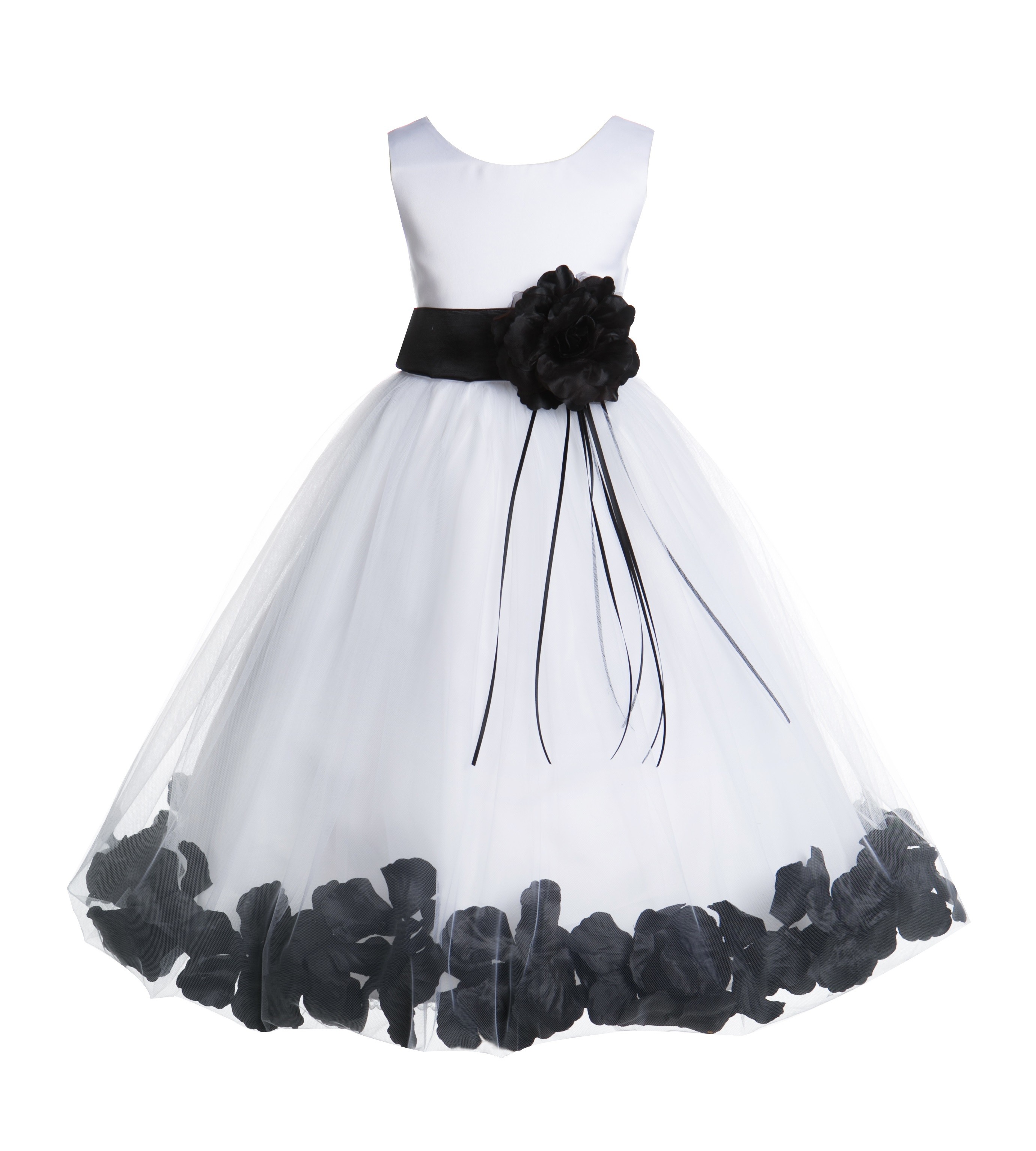 White/Black Floral Rose Petals Tulle Flower Girl Dress 007