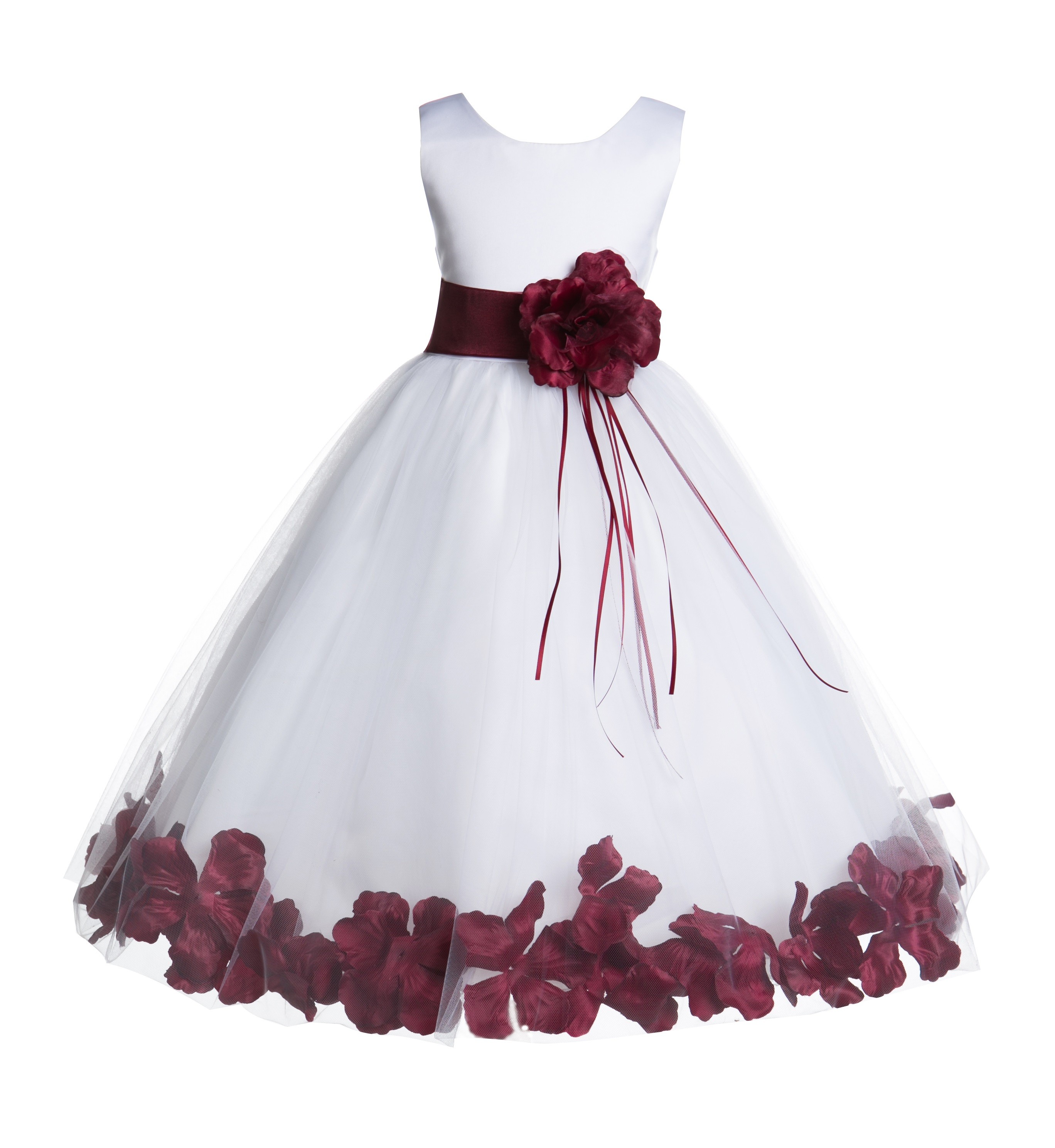 White/Burgundy Floral Rose Petals Tulle Flower Girl Dress 007