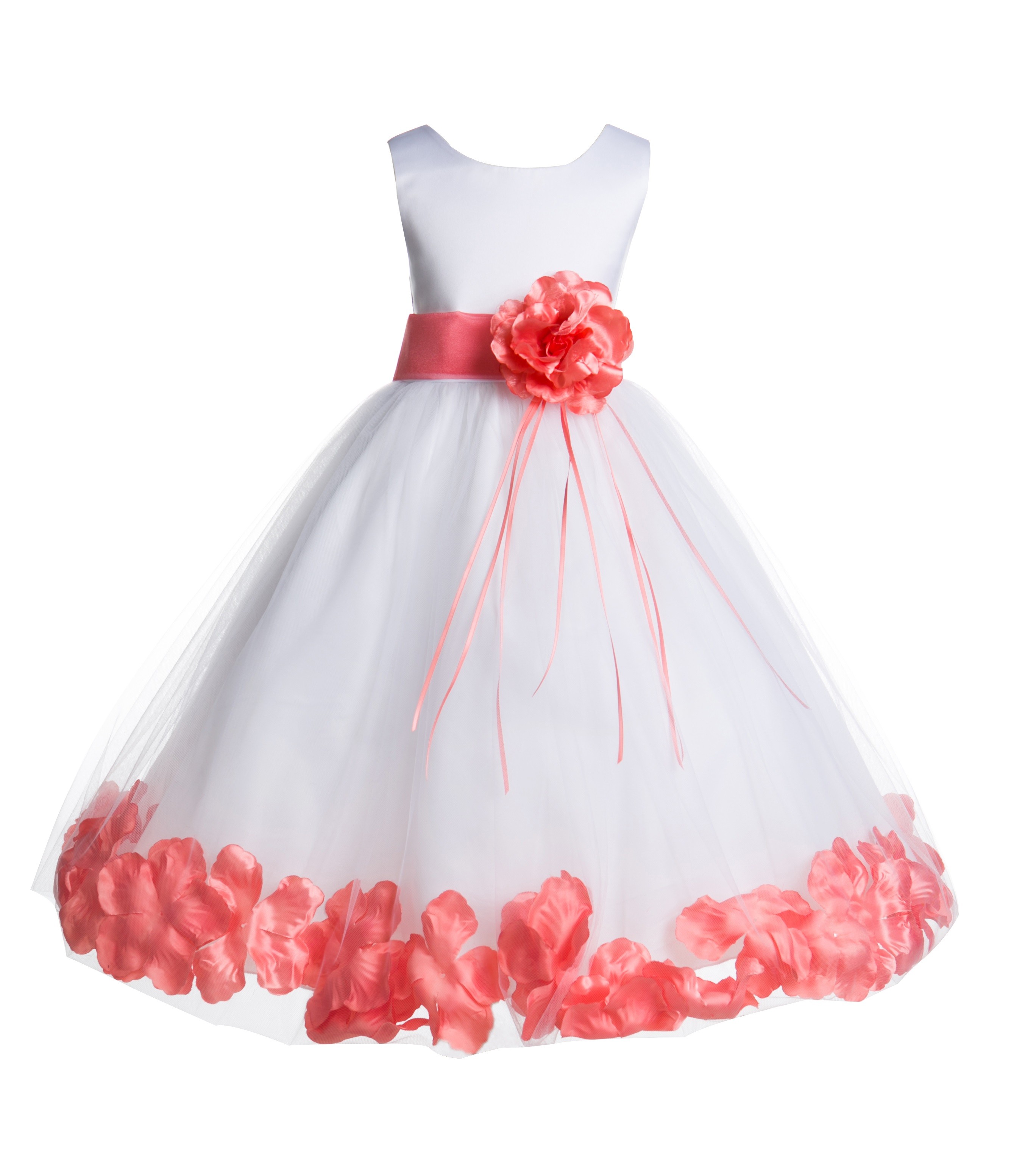 White/Coral Floral Rose Petals Tulle Flower Girl Dress 007