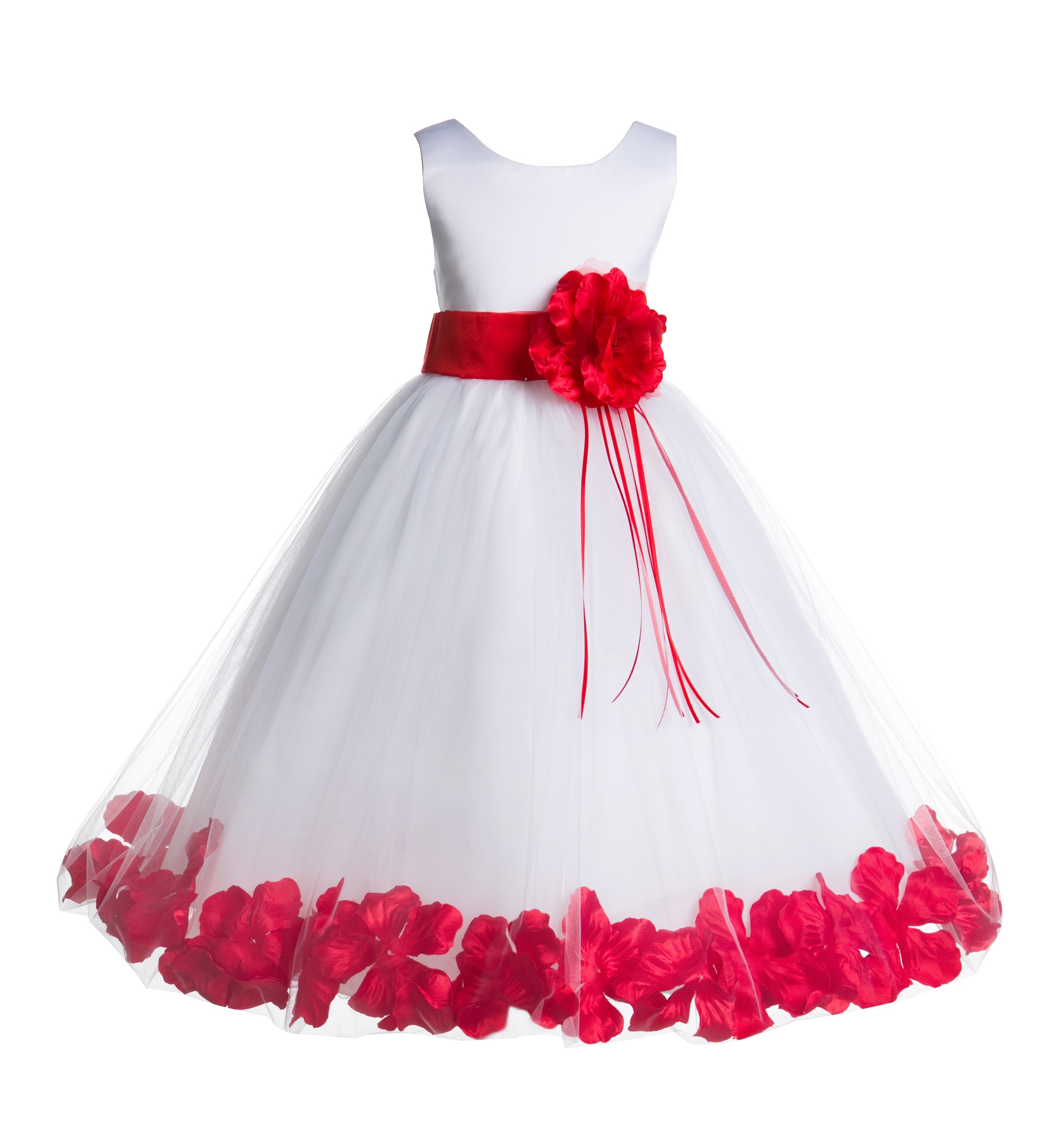 White/Red Floral Rose Petals Tulle Flower Girl Dress 007