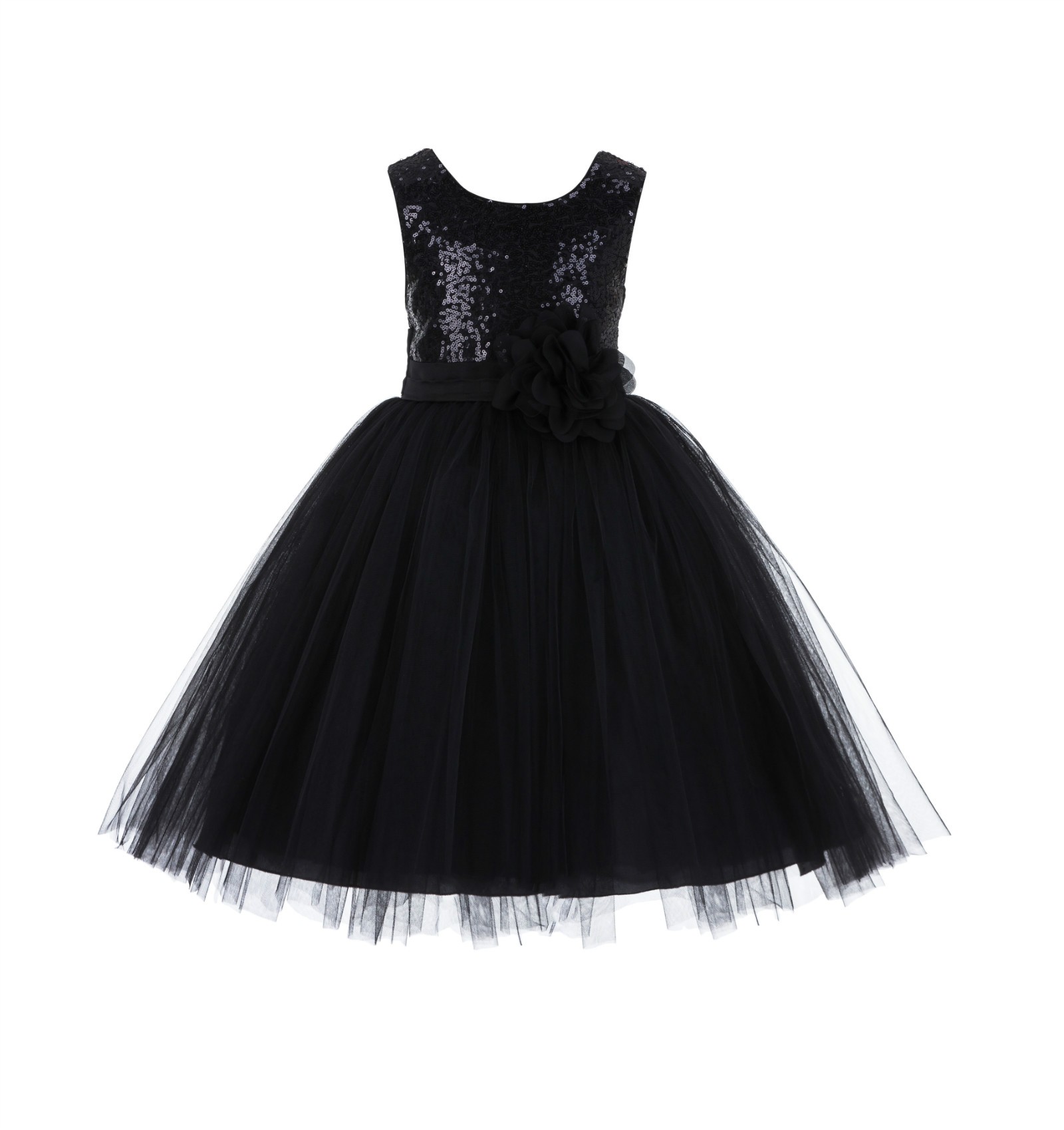 Black Sequins Bodice Ruffle Tulle Flower Girl Dress Flower Pin J122F
