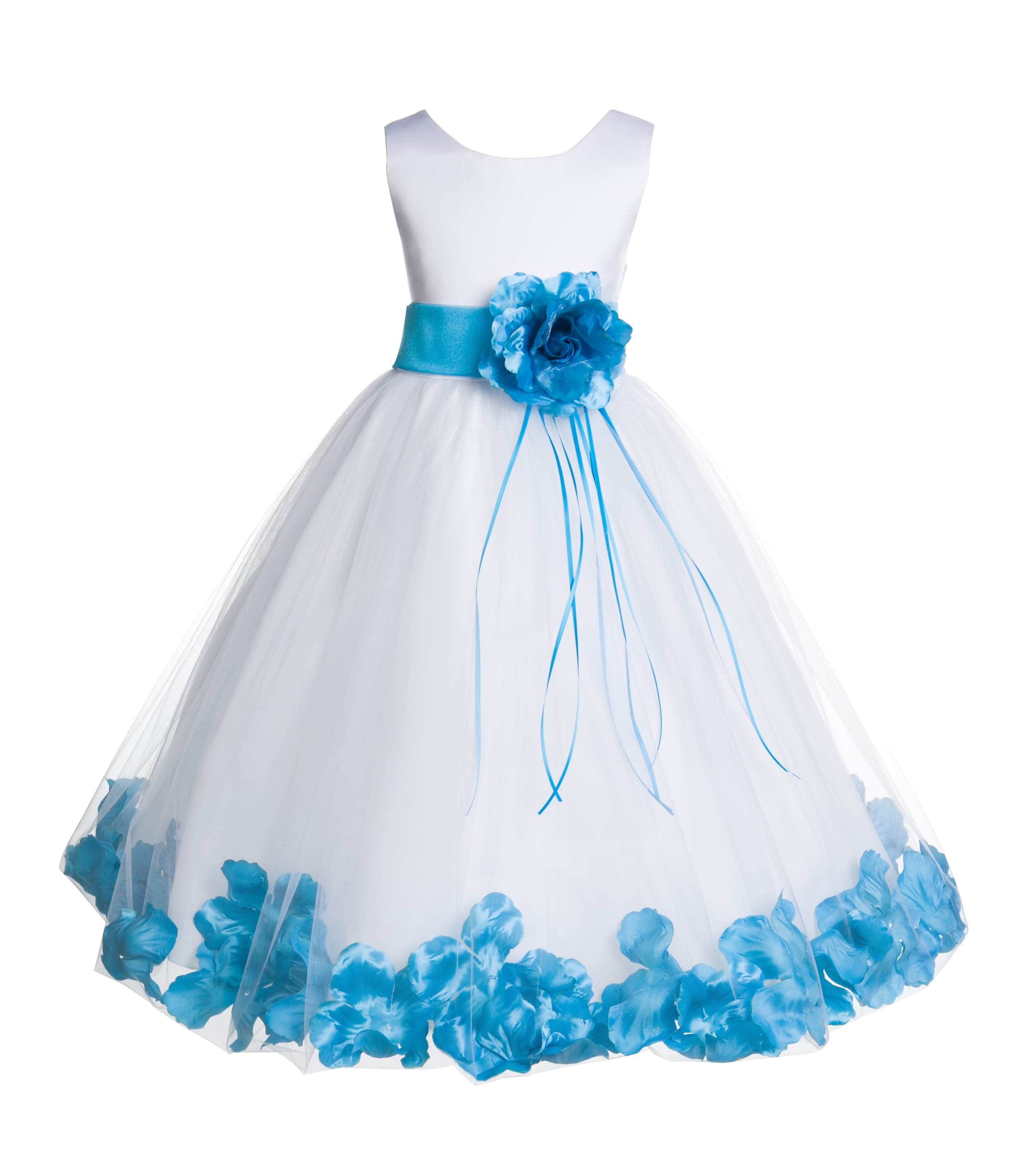 White/Turquoise Floral Rose Petals Tulle Flower Girl Dress 007