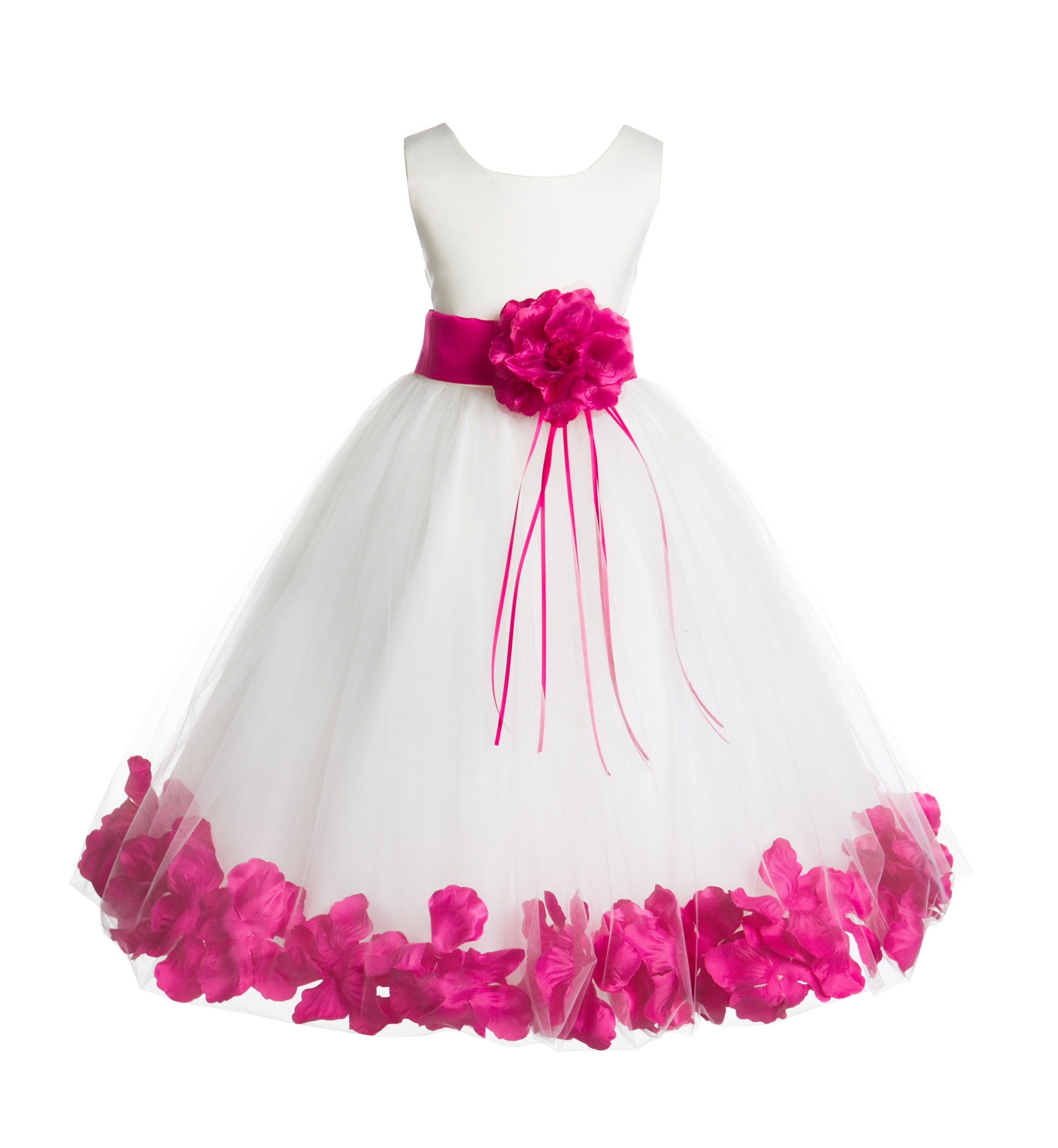 Ivory/Fuchsia Floral Rose Petals Tulle Flower Girl Dress 007