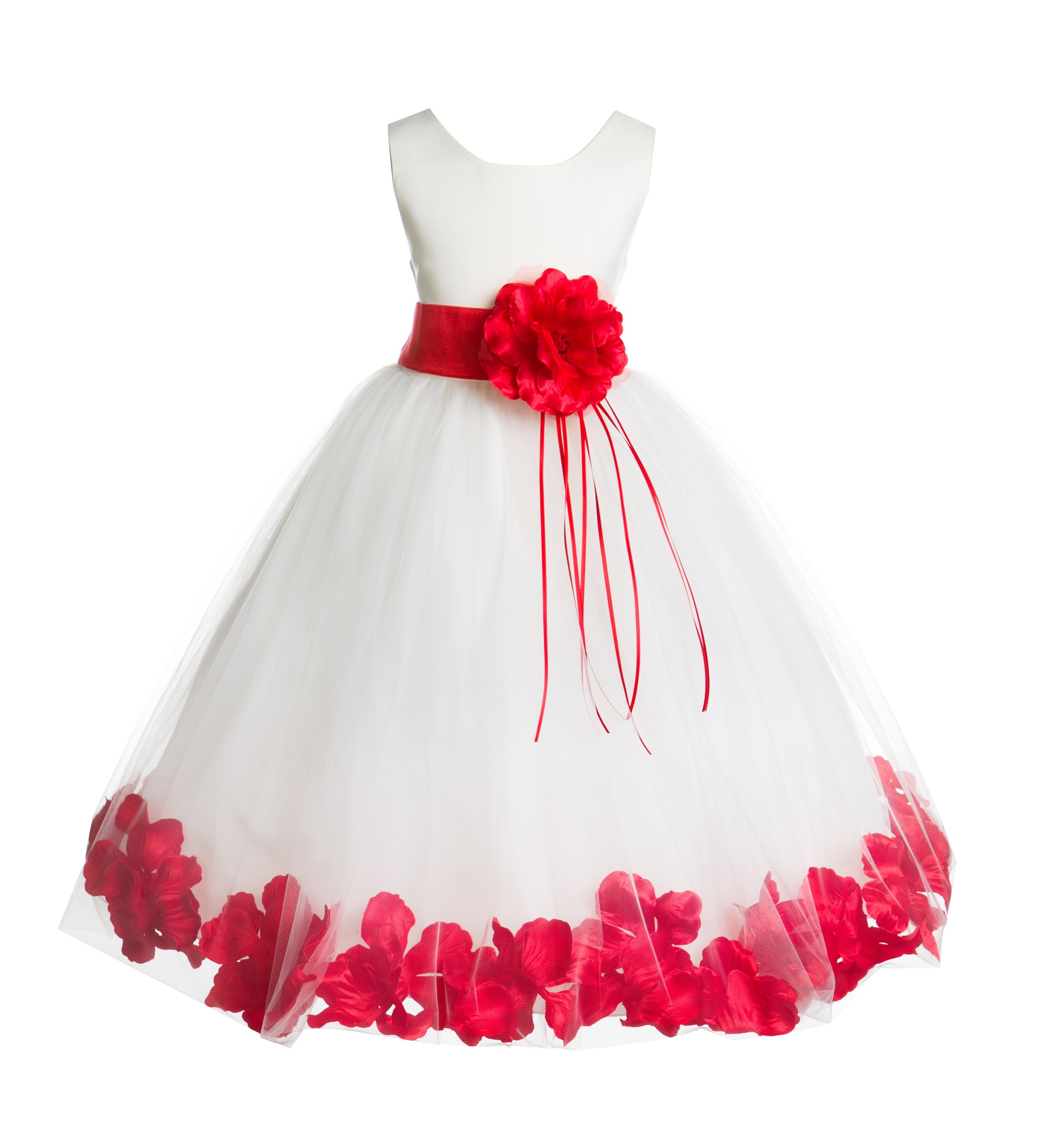Ivory/Red Floral Rose Petals Tulle Flower Girl Dress 007