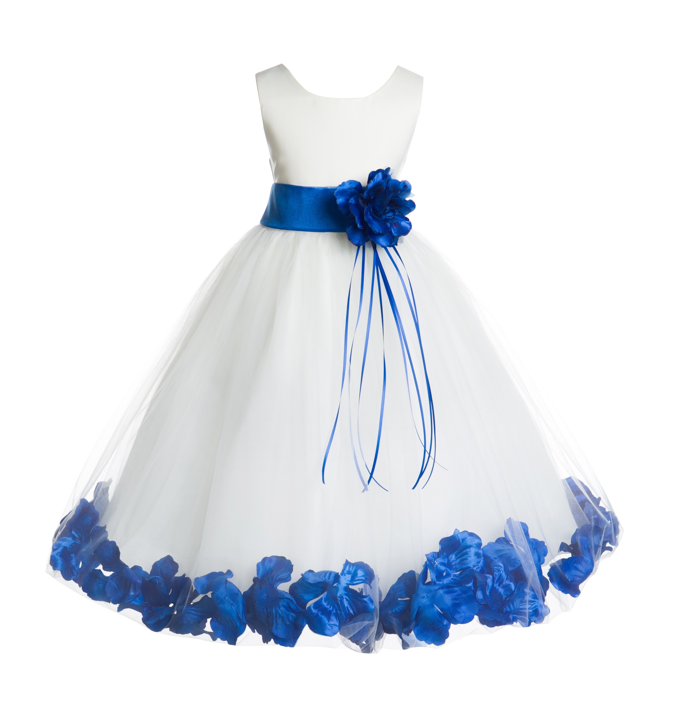 Ivory/Royal Blue Floral Rose Petals Tulle Flower Girl Dress 007