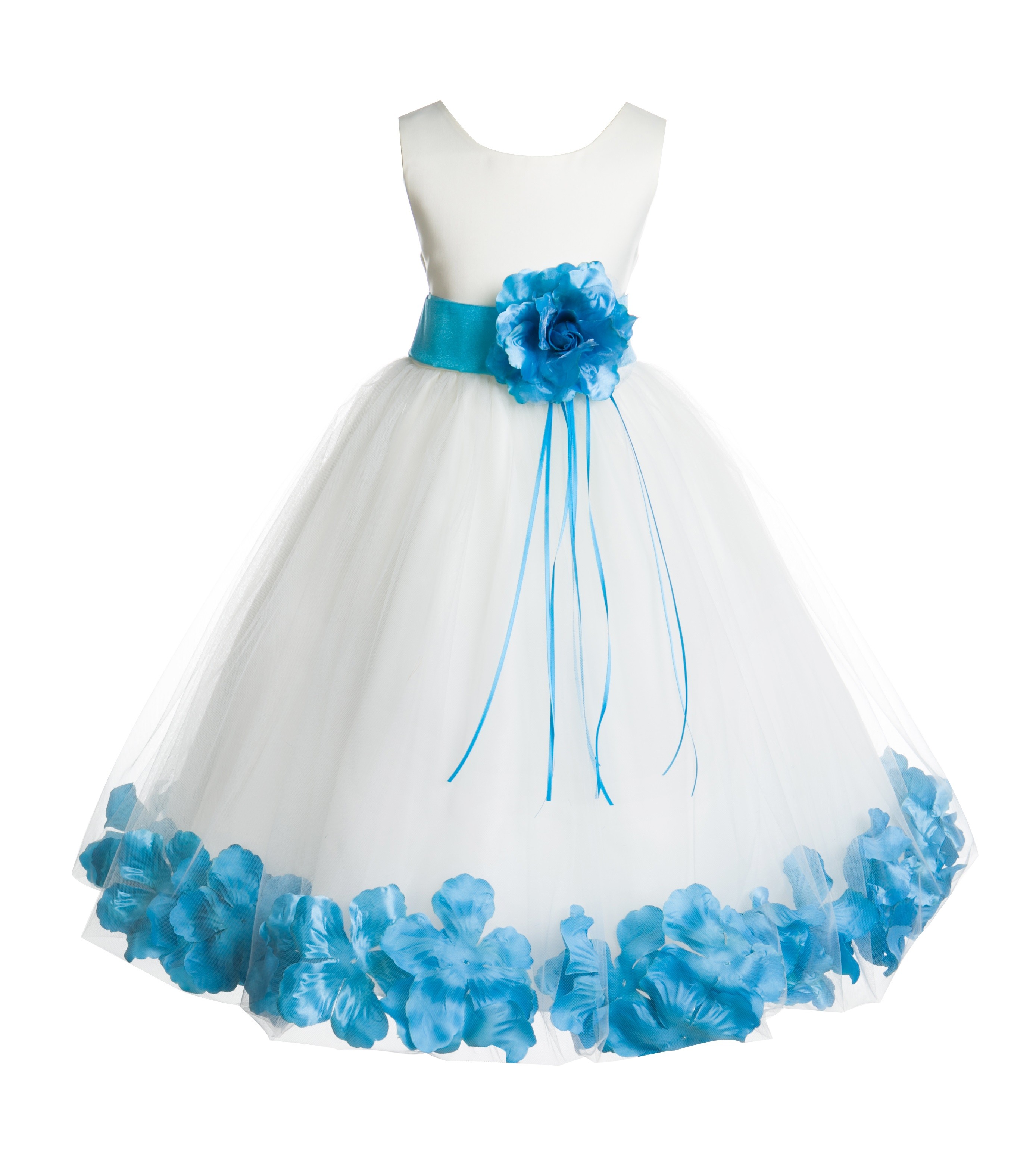 Ivory/Turquoise Floral Rose Petals Tulle Flower Girl Dress 007