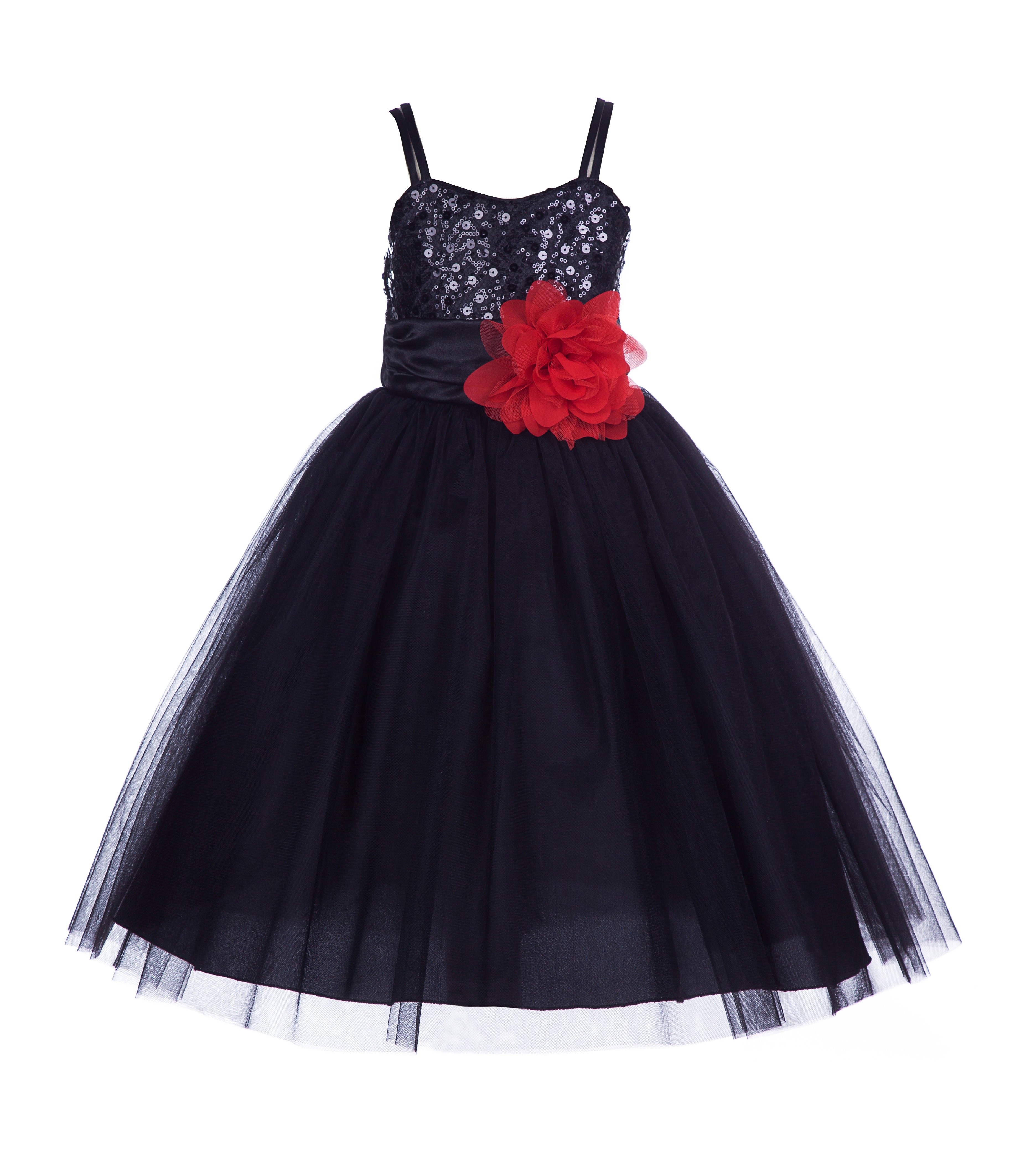 Black/Red Spaghetti-Straps Sequin Tulle Flower Girl Dress Stunning B-1508NF