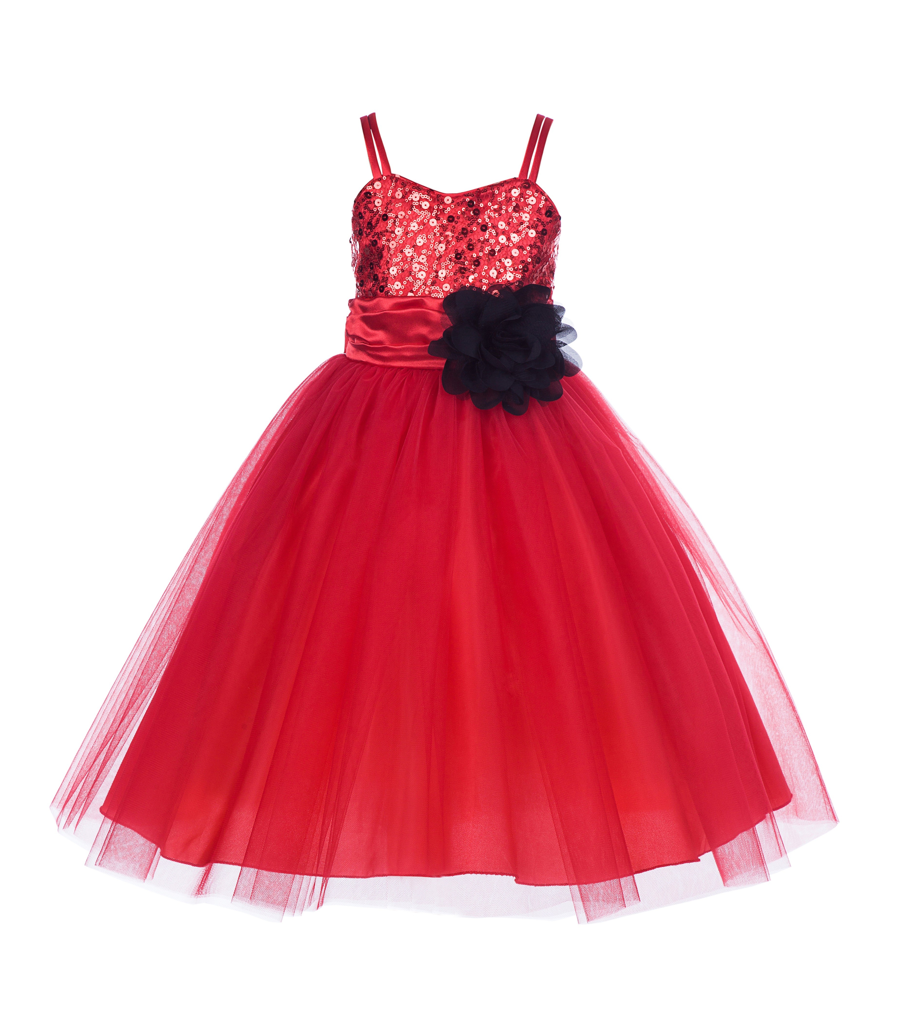 Red/Black Spaghetti-Straps Sequin Tulle Flower Girl Dress Stunning B-1508NF
