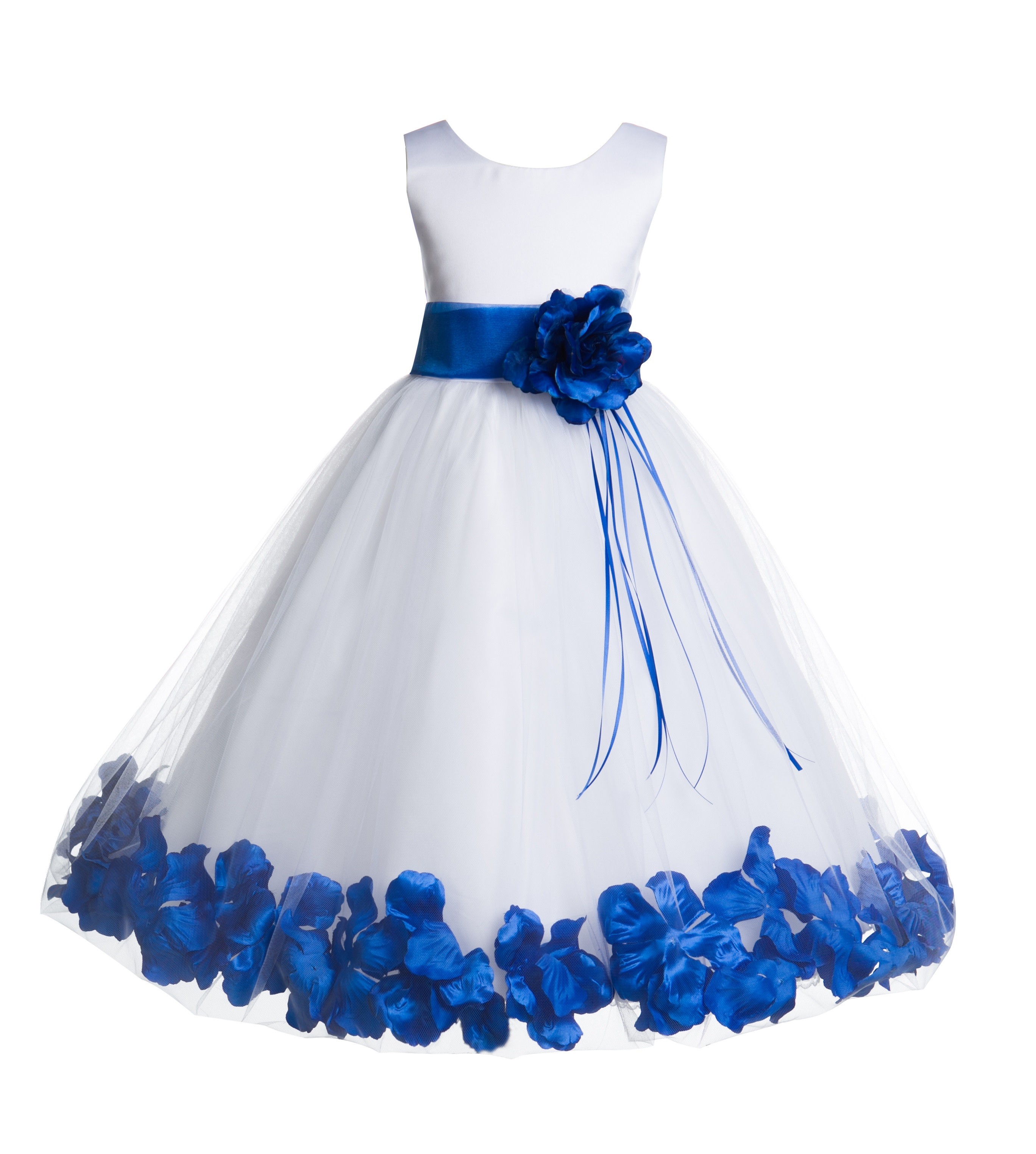 White/Royal Blue Floral Rose Petals Tulle Flower Girl Dress 007