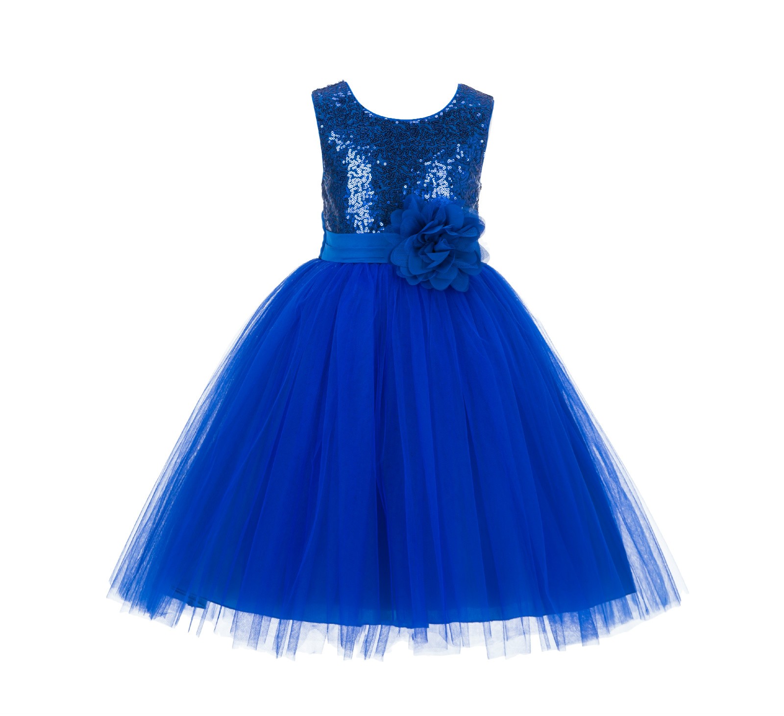 Royal Blue Sequins Bodice Ruffle Tulle Flower Girl Dress Flower Pin J122F