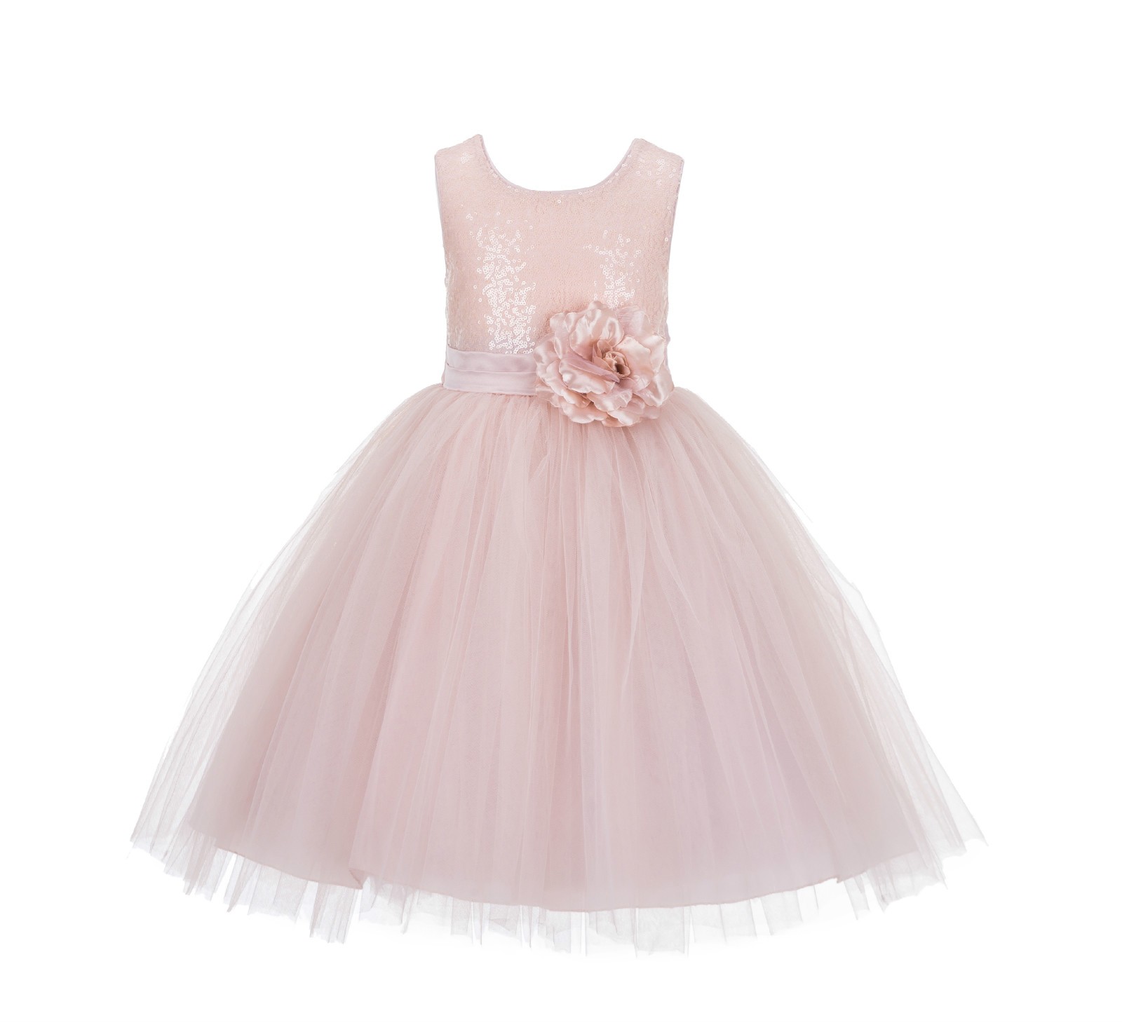 Blush Pink Sequins Bodice Ruffle Tulle Flower Girl Dress Flower Pin J122F