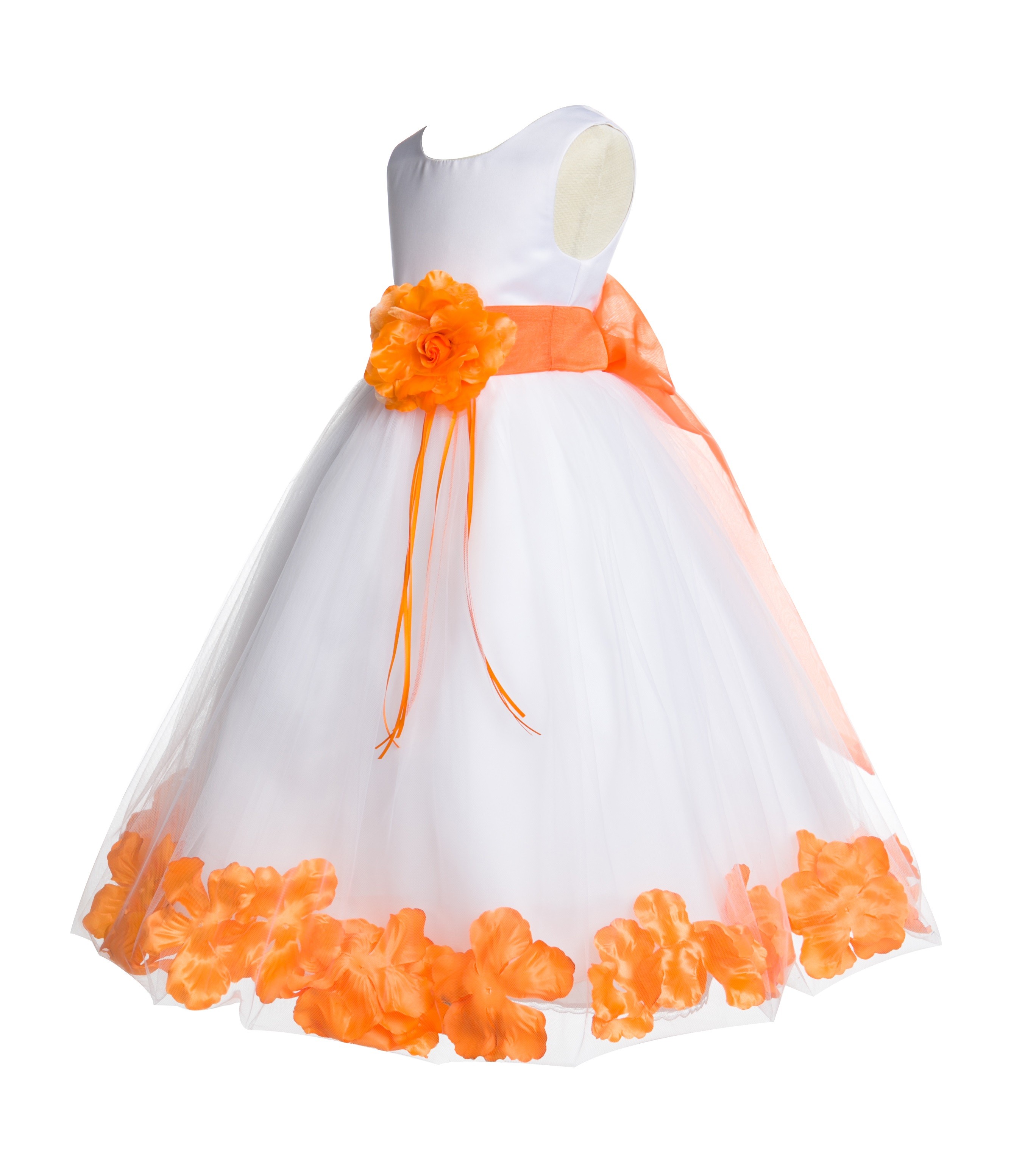 White/Orange Floral Rose Petals Tulle Flower Girl Dress 007