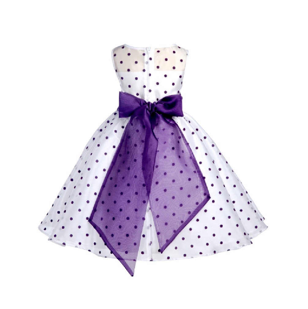 White/Purple/Purple Polka Dot Organza Flower Girl Dress Party Recital 1509