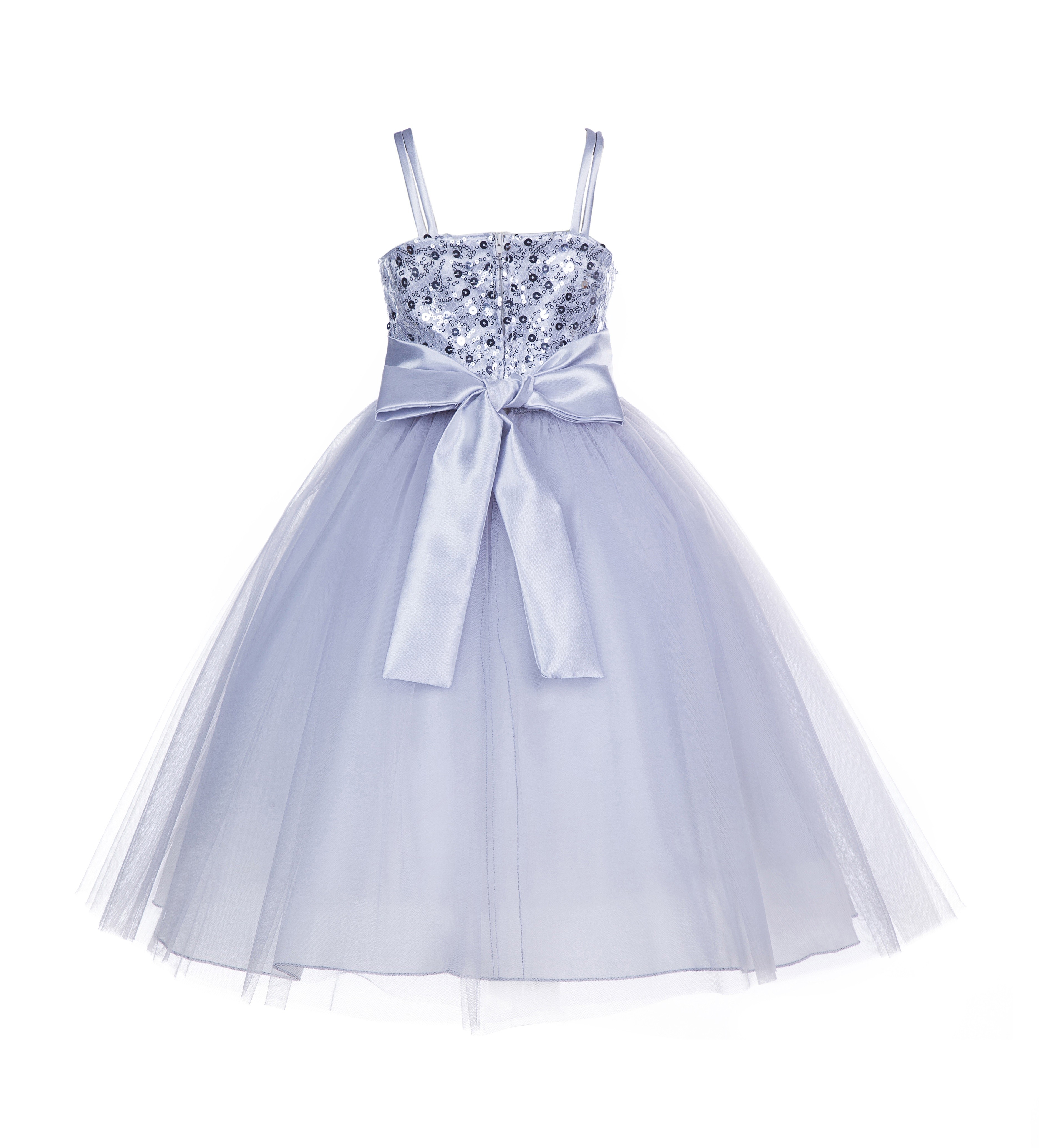 Silver Spaghetti-Straps Sequin Tulle Flower Girl Dress Elegant B-1508