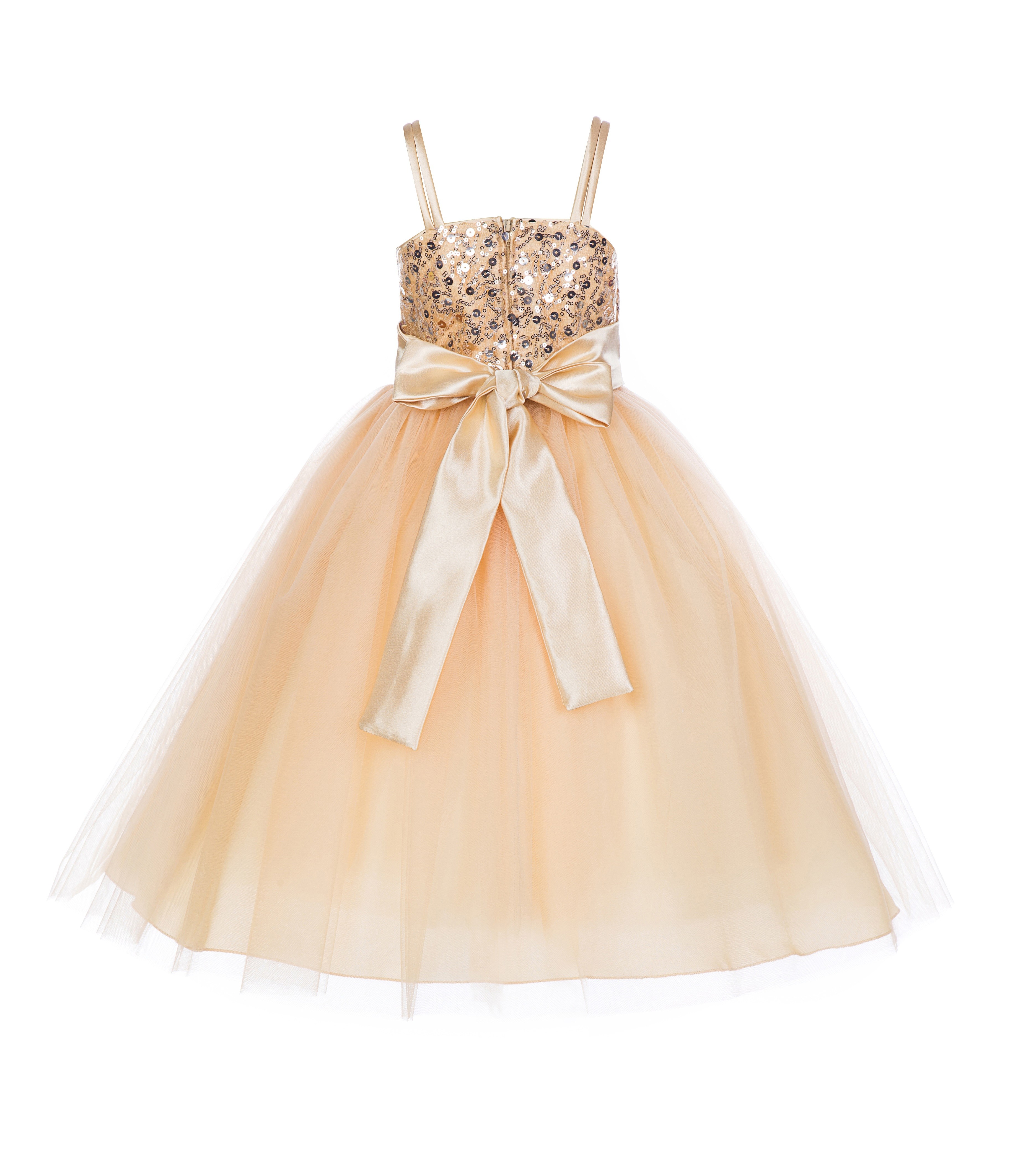 Gold Spaghetti-Straps Sequin Tulle Flower Girl Dress Elegant B-1508