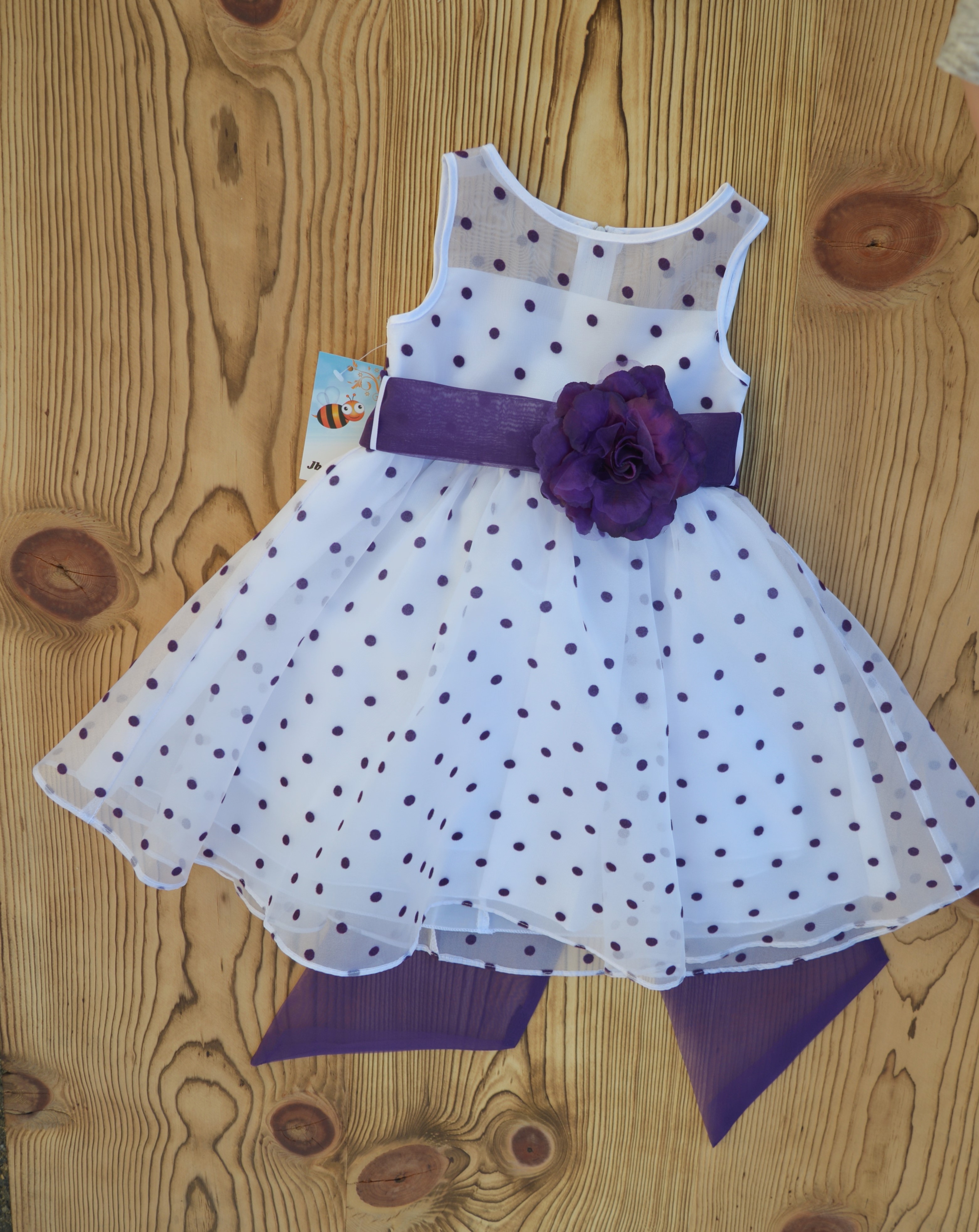 White/Purple/White Polka Dot Organza Flower Girl Dress Dance Reception 1509U
