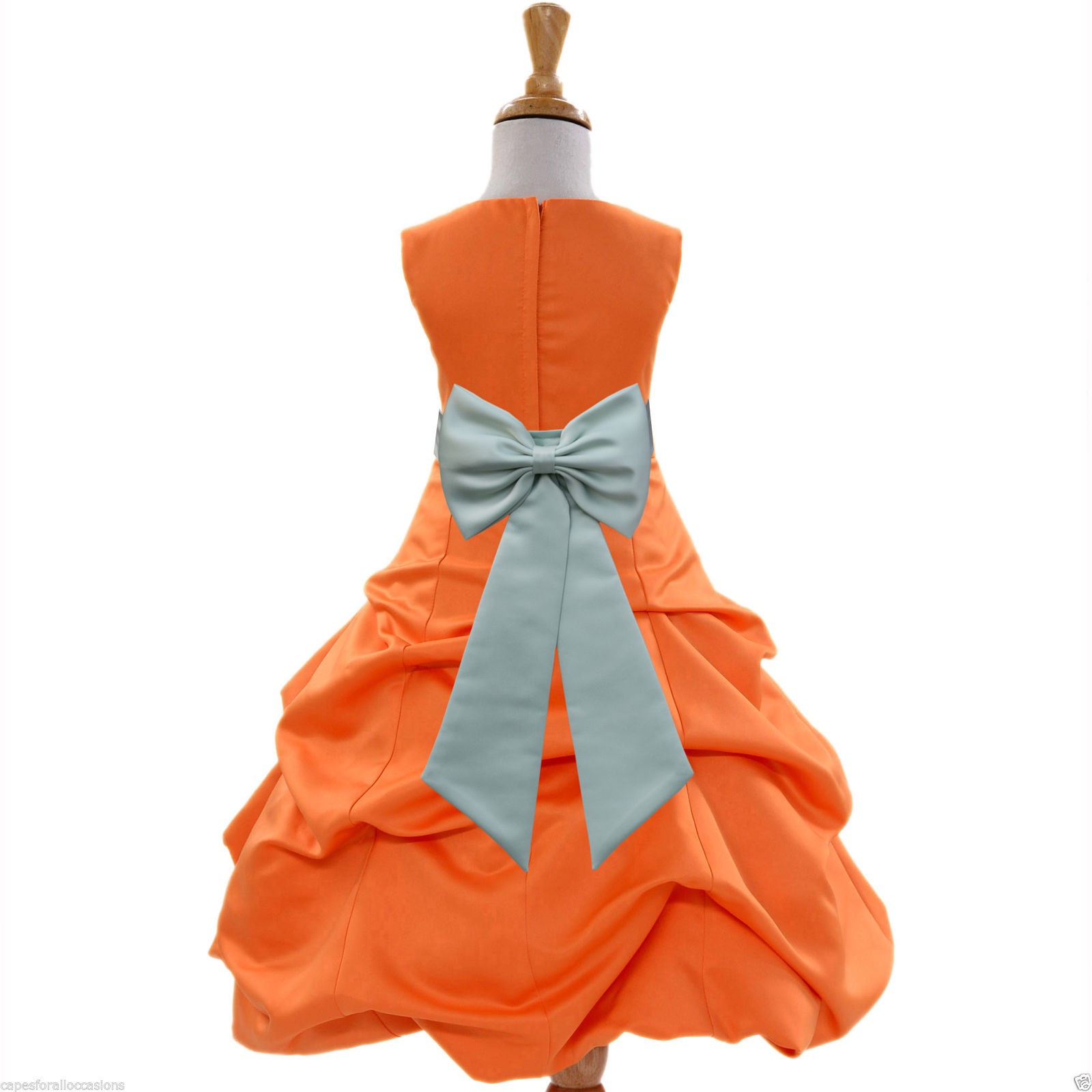 Orange/Sage Satin Pick-Up Bubble Flower Girl Dress Halloween 808T