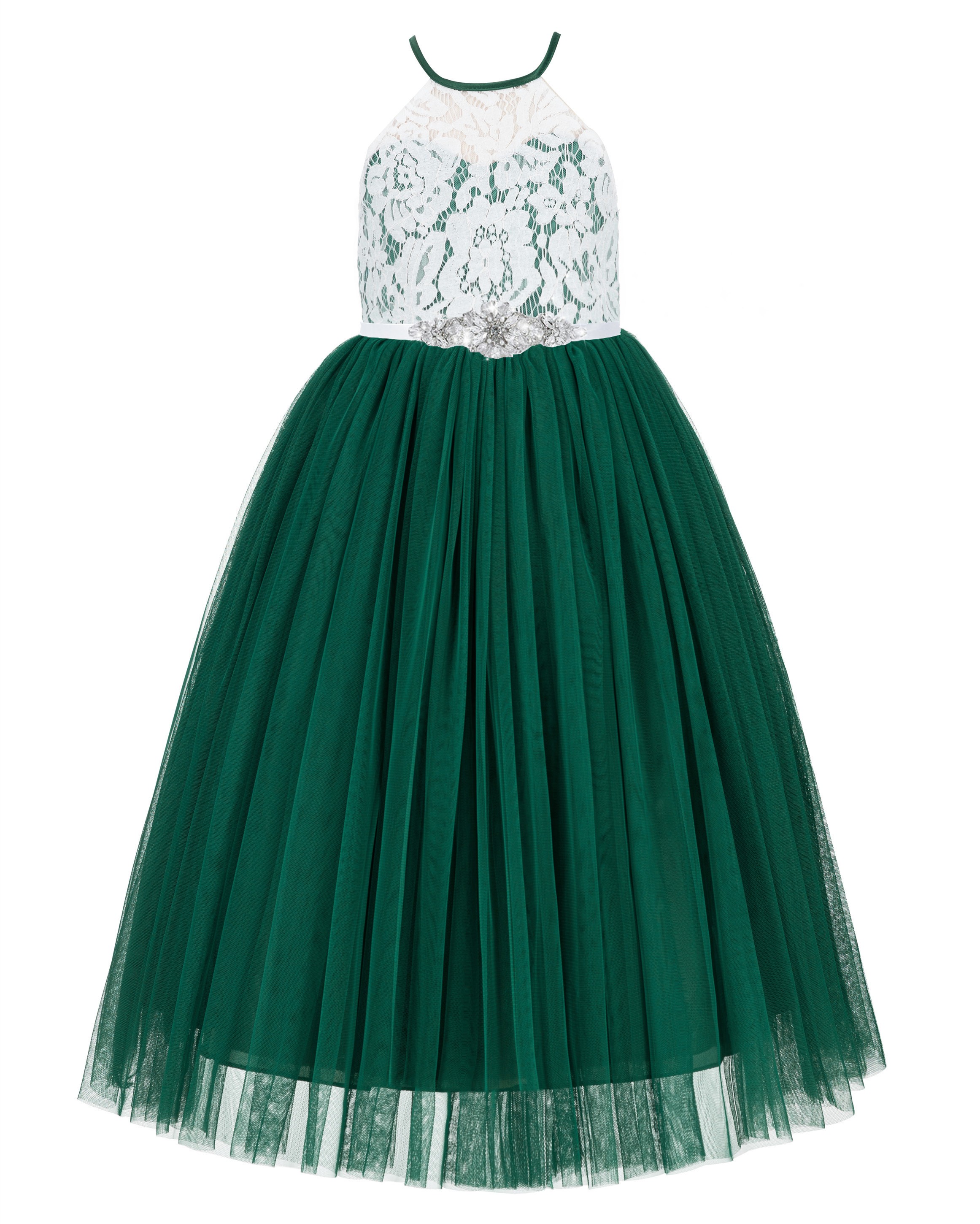 Forest Green / White Lace Halter Flower Girl Dress Lace Back Dress 213