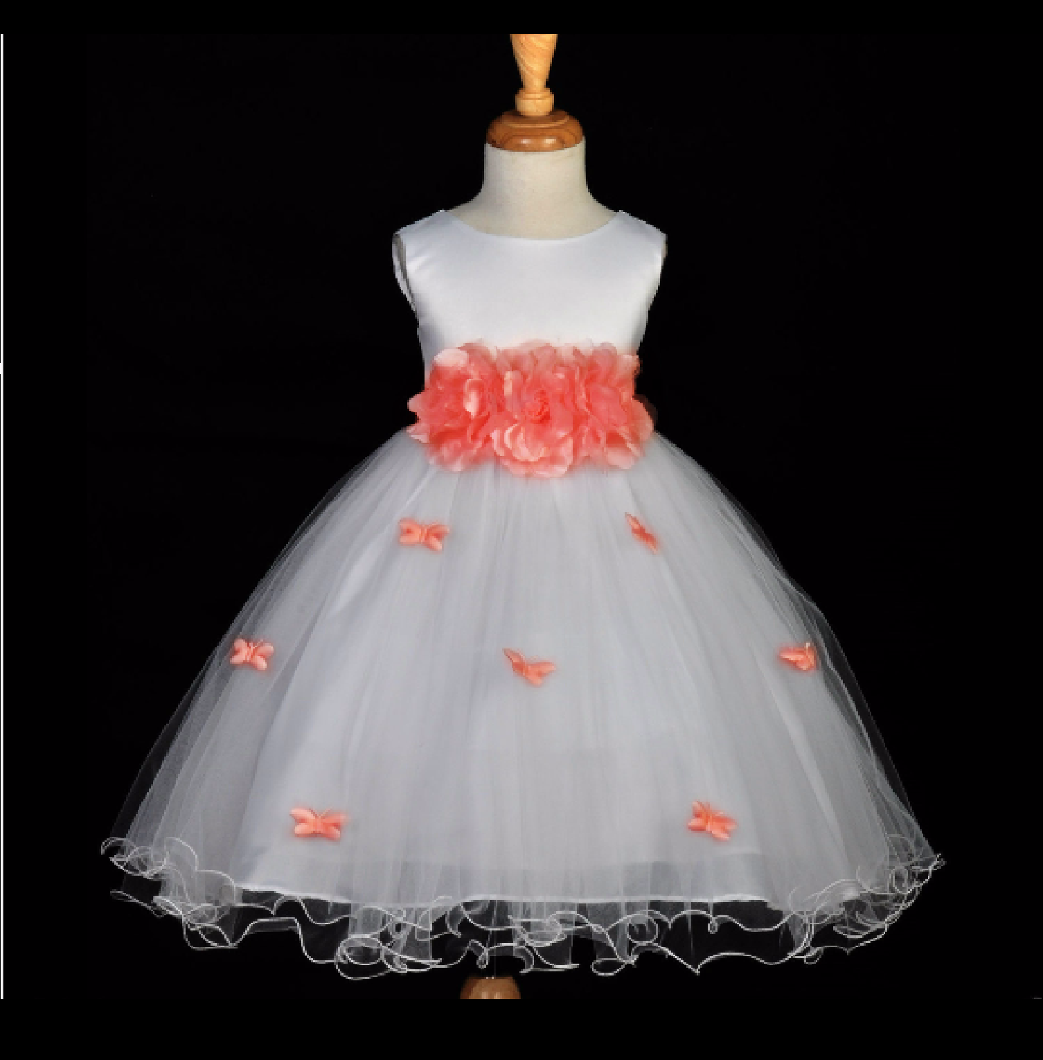 Coral Butterflies Tulle Flower Girl Dress 3-Flower Sash 509A